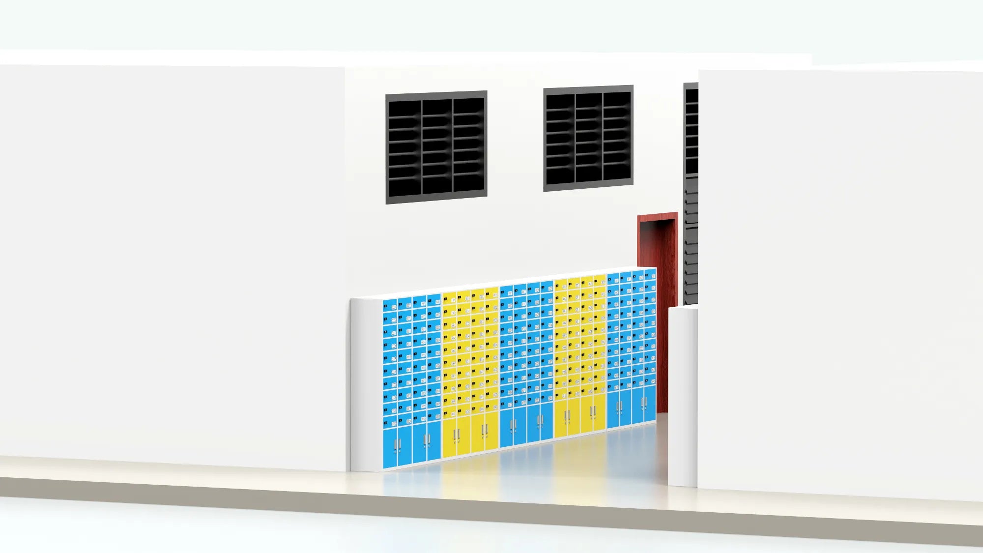 SecureGrid 40-cell lockers in colorful blue and yellow finish, wall-mounted in a school corridor for student phone and device storage