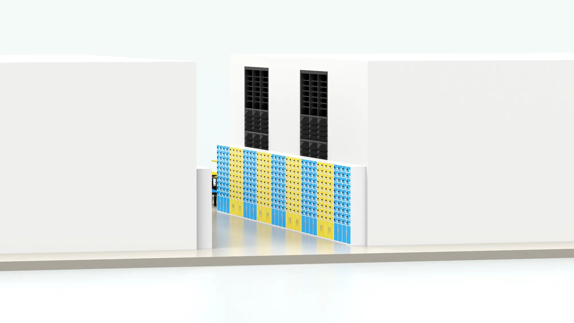 SecureGrid 40-cell lockers in colorful blue and yellow finish, wall-mounted in a school corridor for student phone and device storage