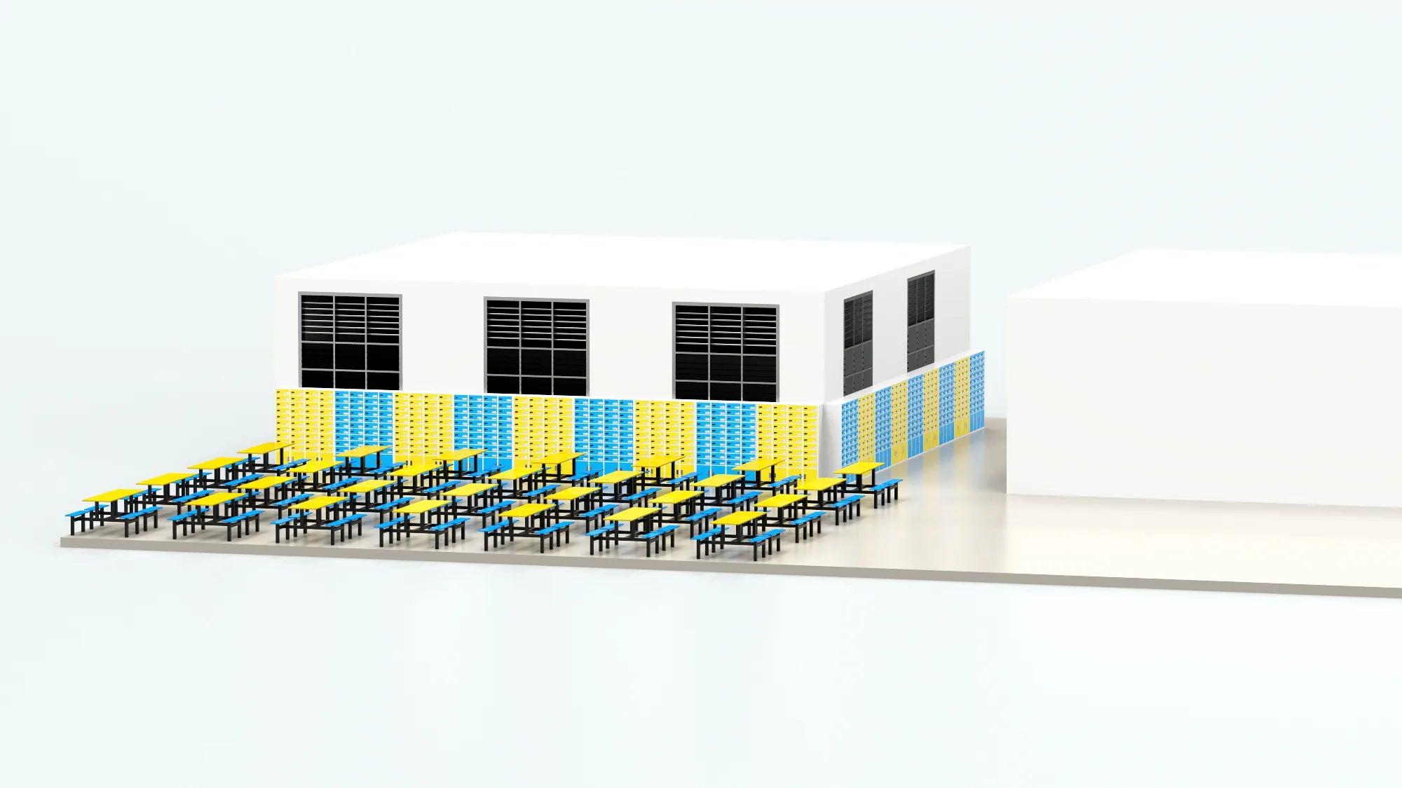 SecureGrid 40-cell lockers in colorful blue and yellow finish, wall-mounted in a school corridor for student phone and device storage