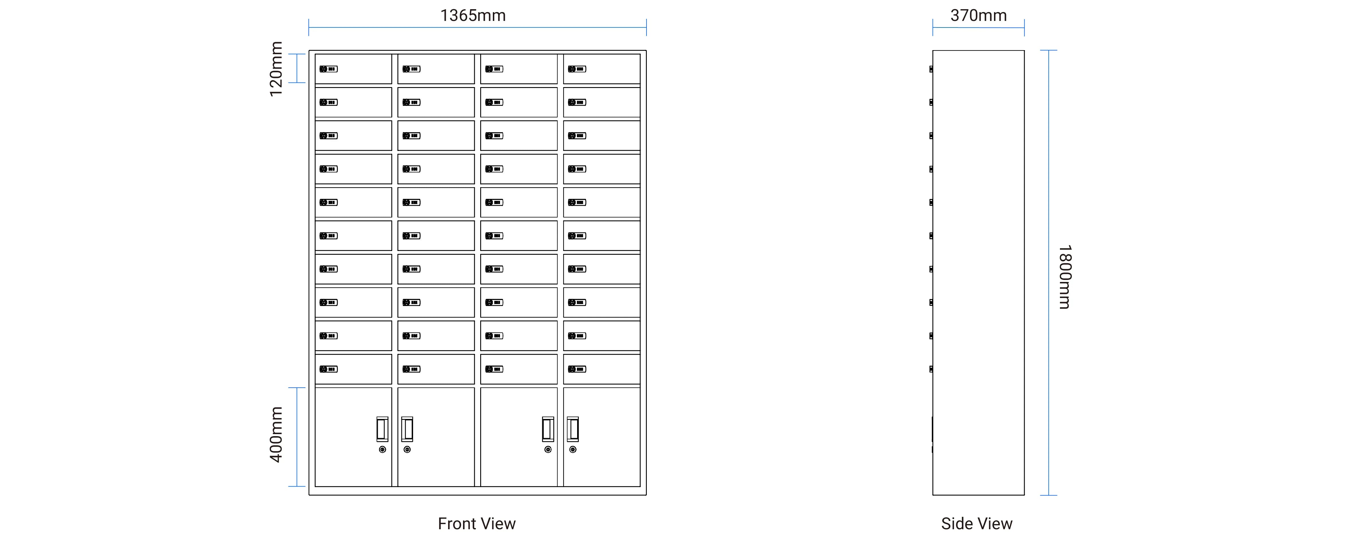 Technical drawing of SecureGrid 40-Cell Locker with full product dimensions for cabinet and compartments