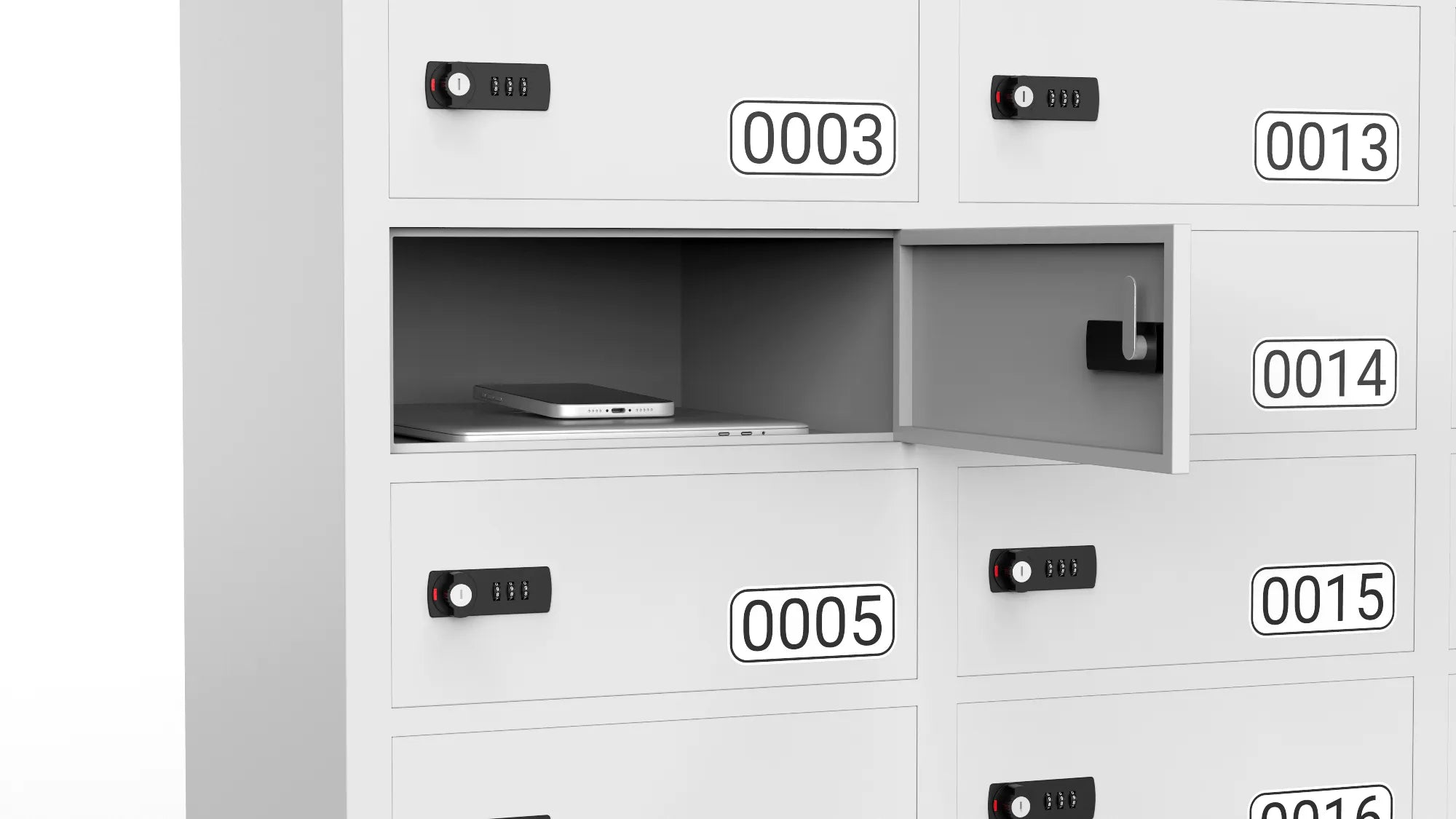 Open compartment of SecureGrid locker showing mobile phone and tablet storage space