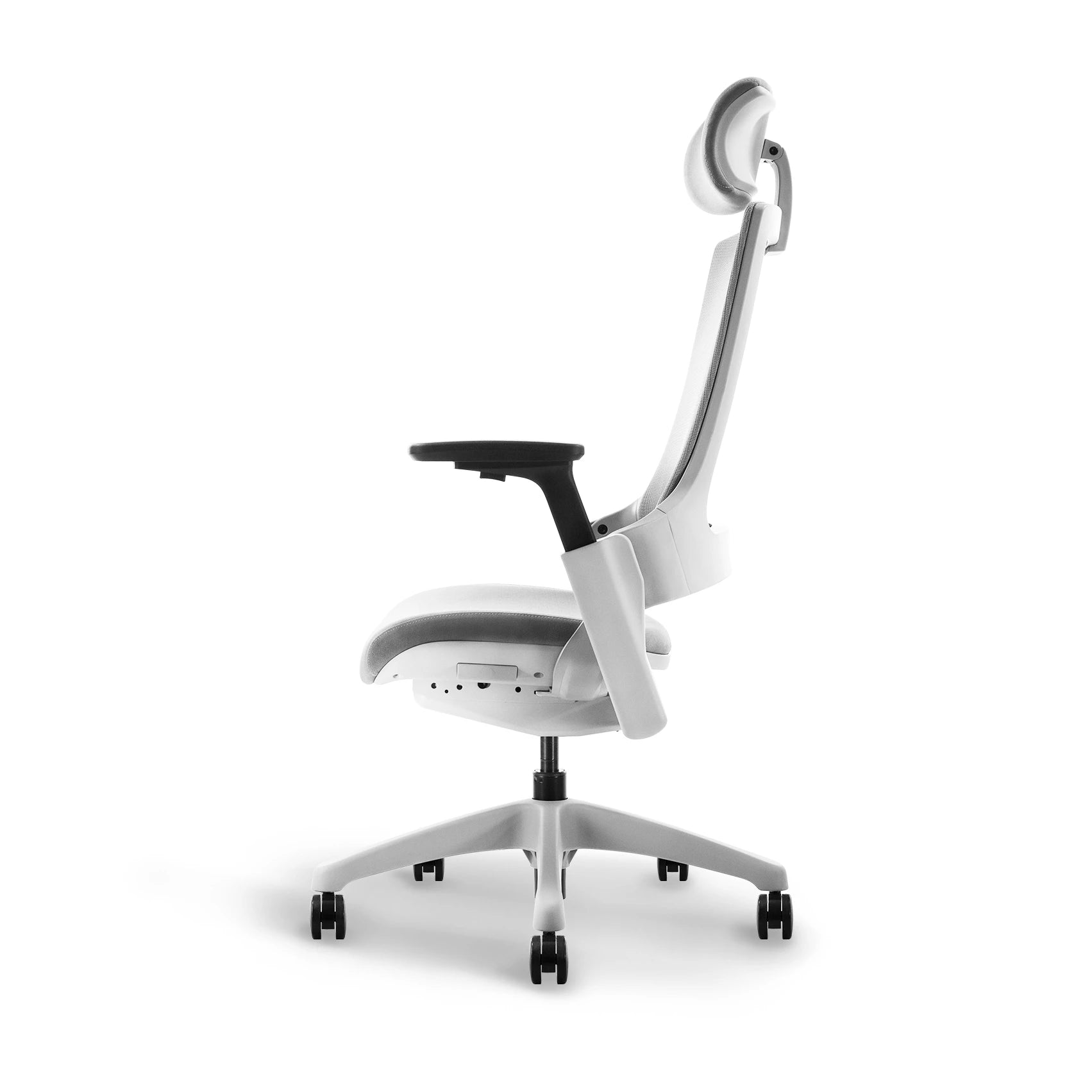 Side perspective of Flujo Angulo grey office chair showing tilt mechanism