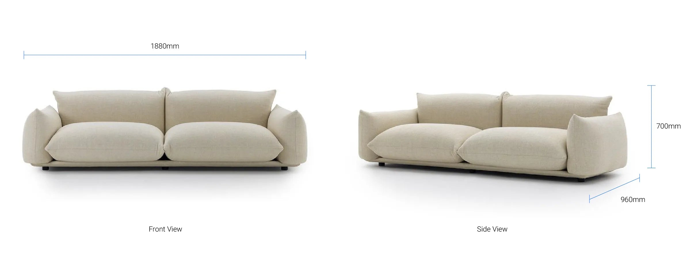 Schematic drawing of the Sora Sofa with spacious design and minimalist profile.