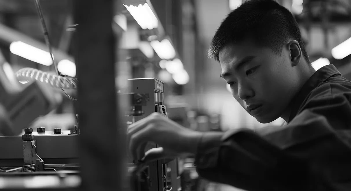 Young technician meticulously assembling ergonomic chair parts in a manufacturing facility