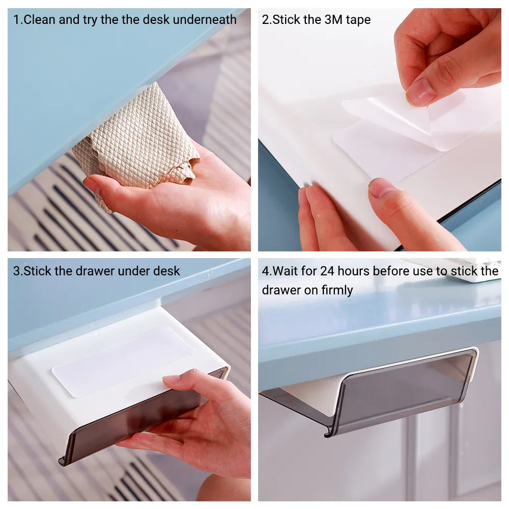 Installation process of a transparent under-desk drawer with 3M adhesive tape, illustrating the simple and clean attachment method.