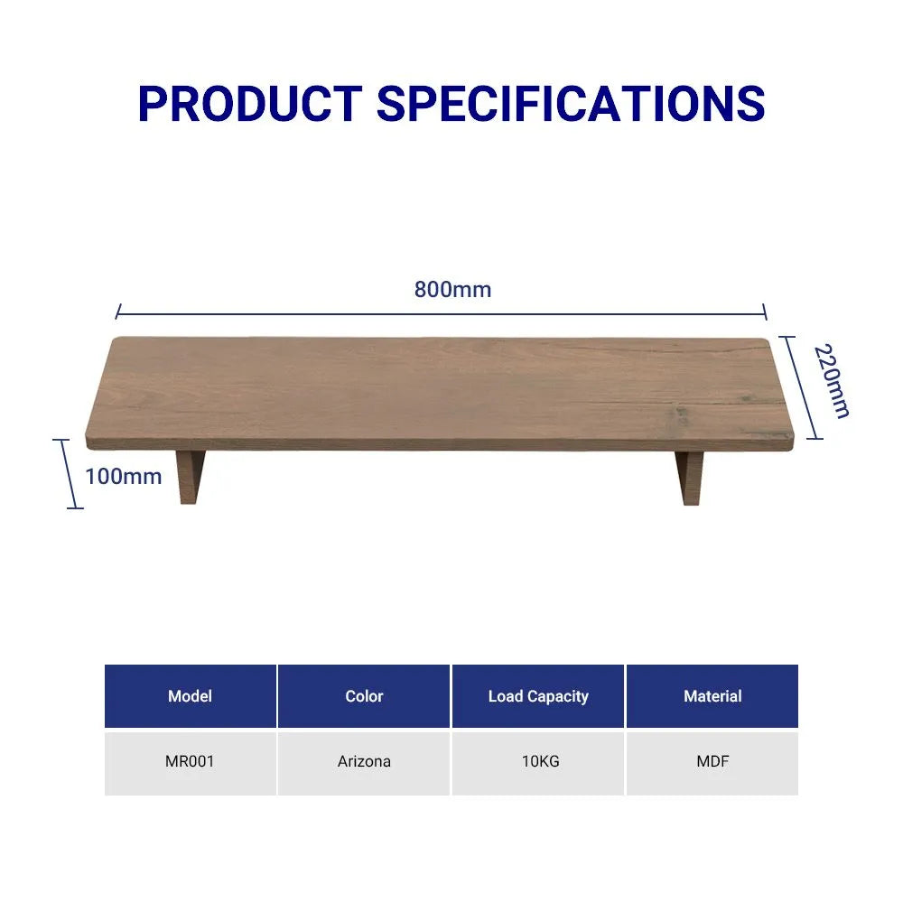 Detailed product specifications of a wooden monitor riser, highlighting model, color, and load capacity for Singapore customers.
