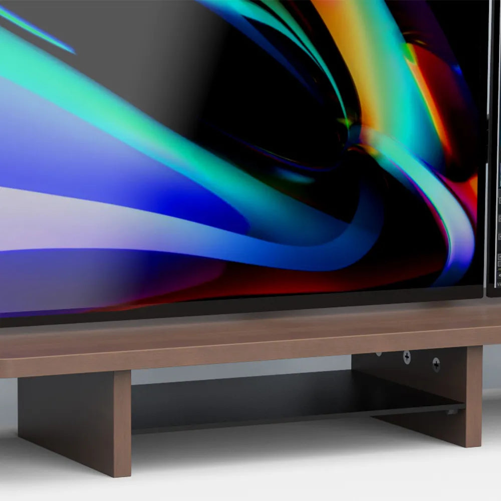 Zoomed-in view of dual monitors on a wooden riser, part of a sleek and ergonomic workspace setup in Singapore.