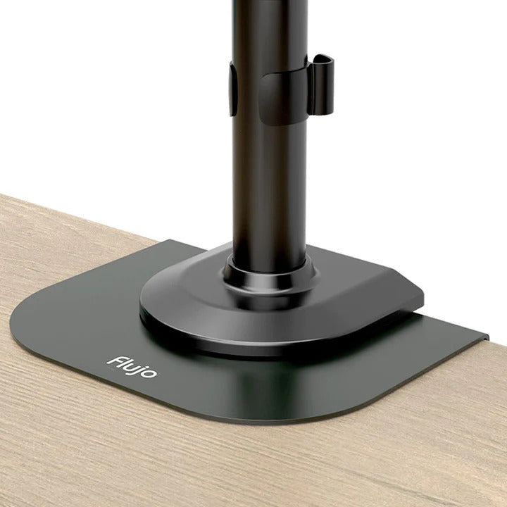 Desk mount base with a Flujo logo, showcasing a sleek black reimforcement plate for monitor arm setup