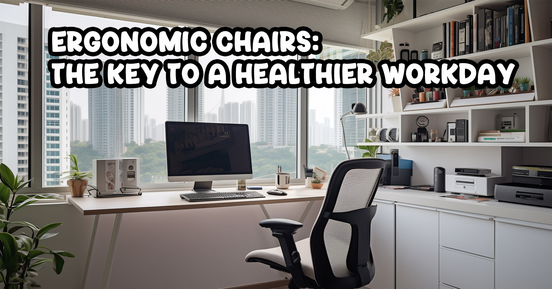 Modern ergonomic chair in a well-lit home office overlooking Singapore skyline, illustrating a healthier workday