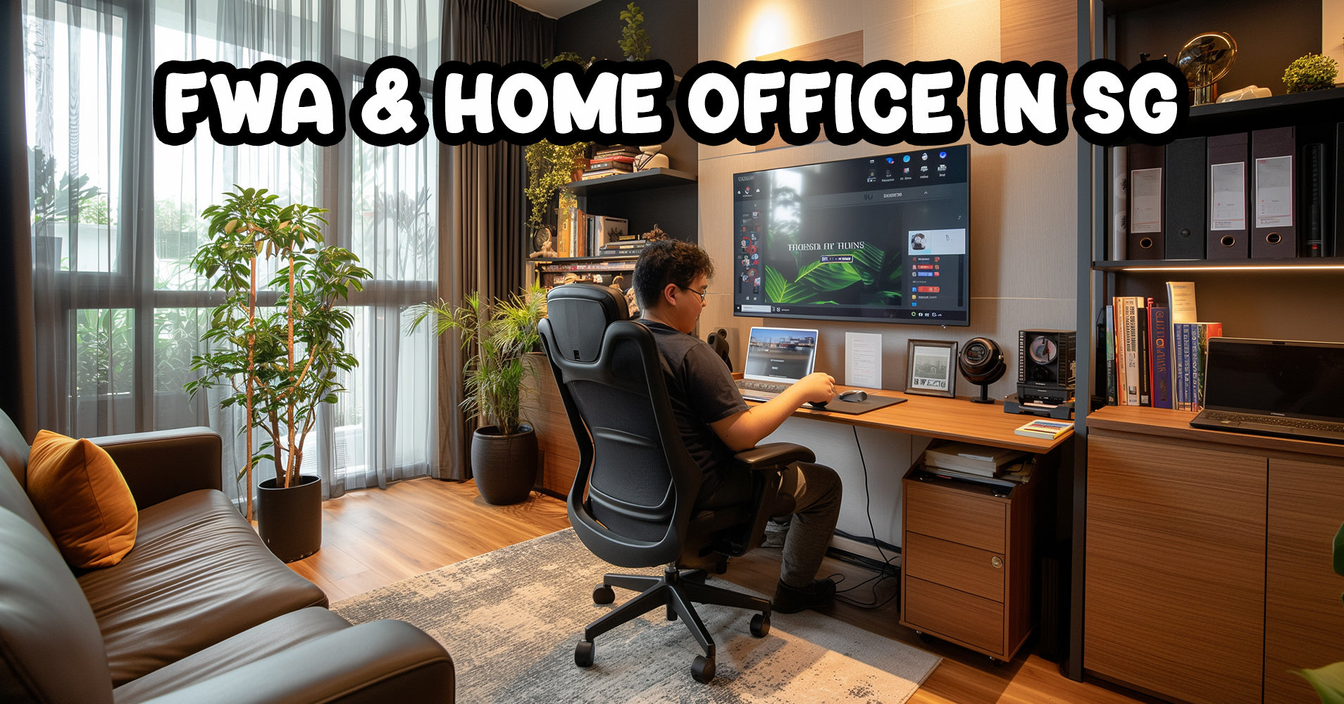 Man working from home in a well-organized office space in Singapore, exemplifying flexible work arrangements.