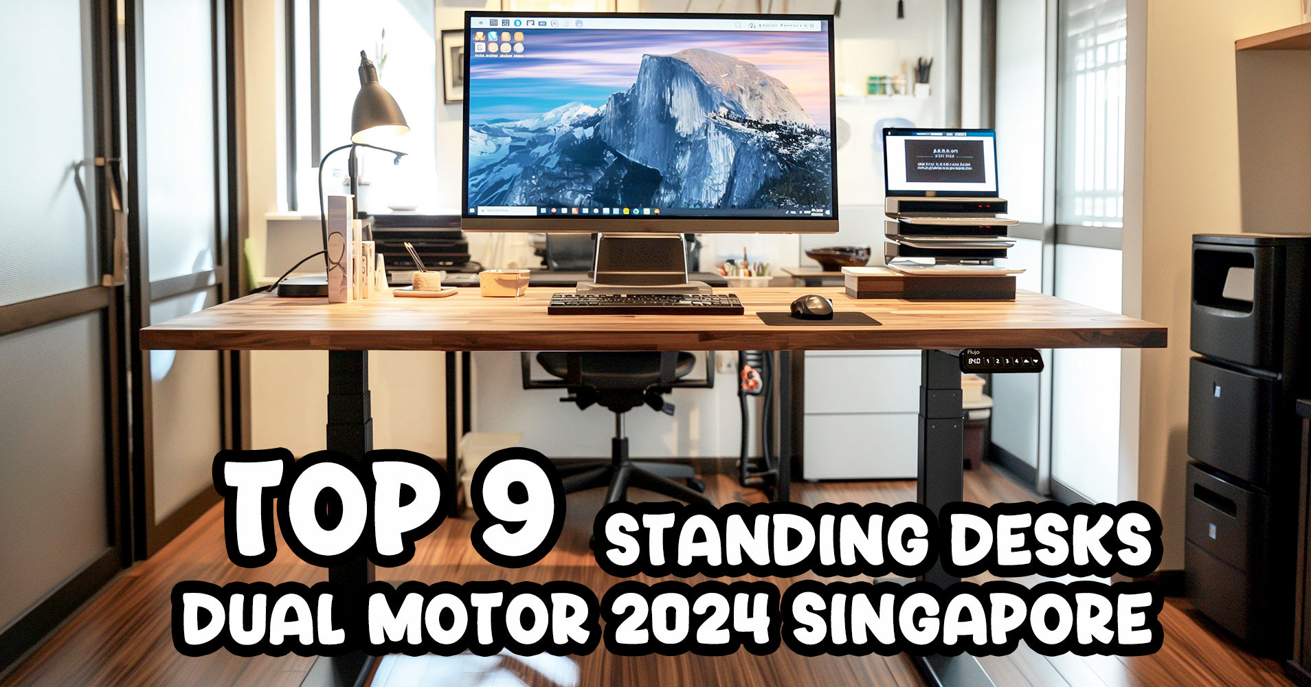 Banner for 'Best 9 Standing Desks Dual Motor 2024 Singapore' with a fully-equipped standing desk setup in a home office.