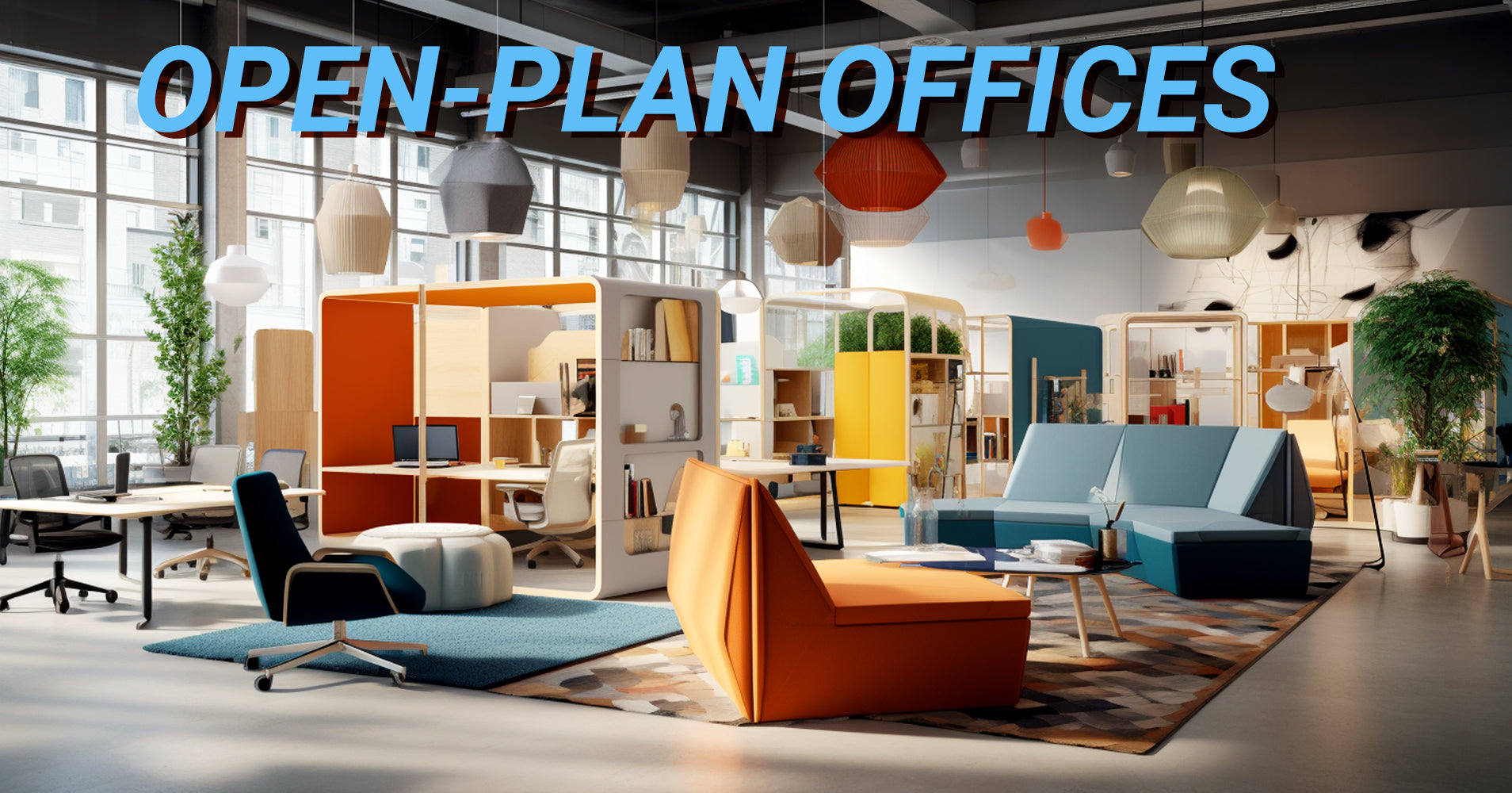 Spacious contemporary office space featuring a variety of seating options, from teal sofas to orange lounge chairs.
