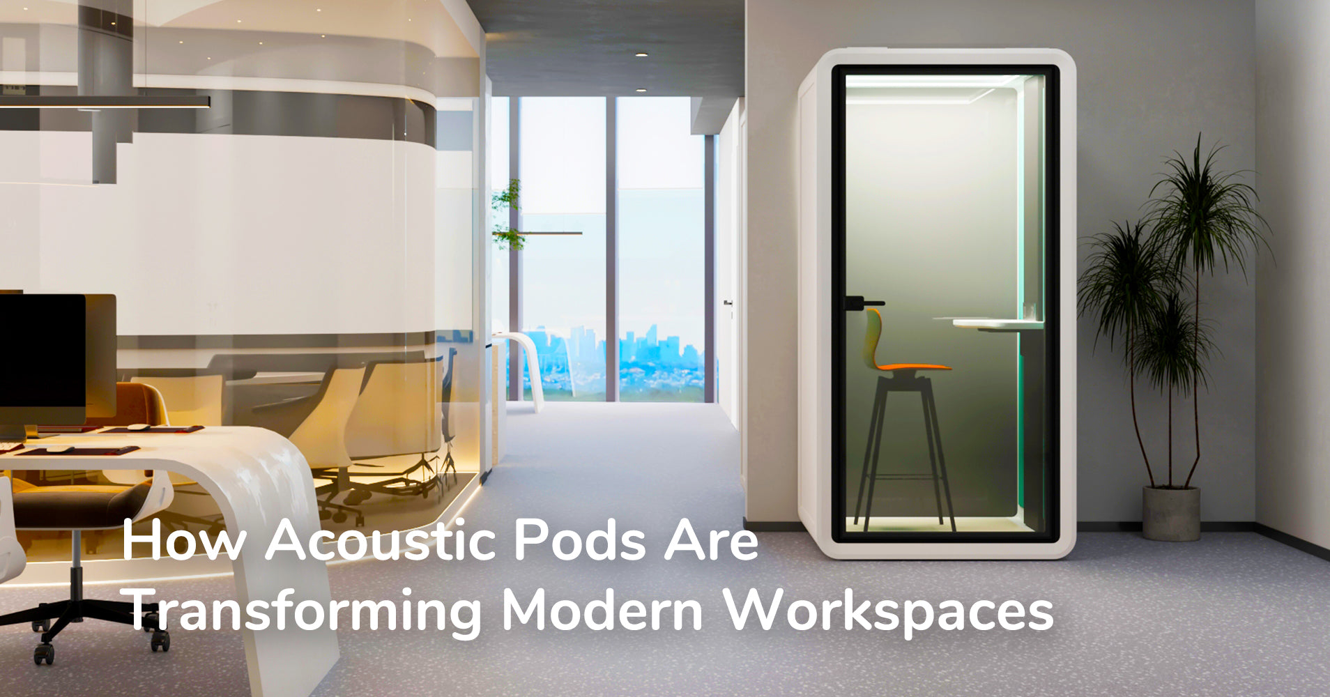 A modern Singapore office with a sleek Flujo acoustic pod near large windows showcasing the city skyline. The pod, illuminated and minimalistic, offers a quiet, focused workspace within the open-plan office.