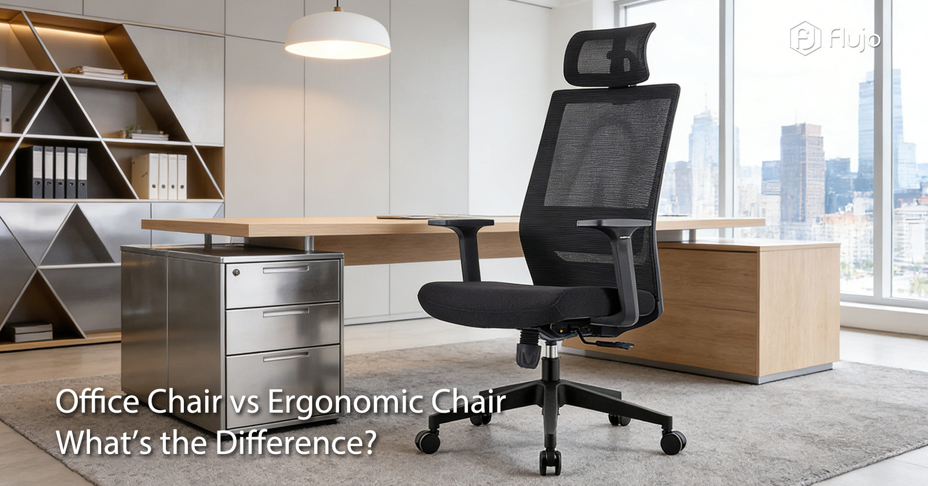 Modern ergonomic office chair with adjustable headrest and lumbar support in a Scandinavian-style workspace