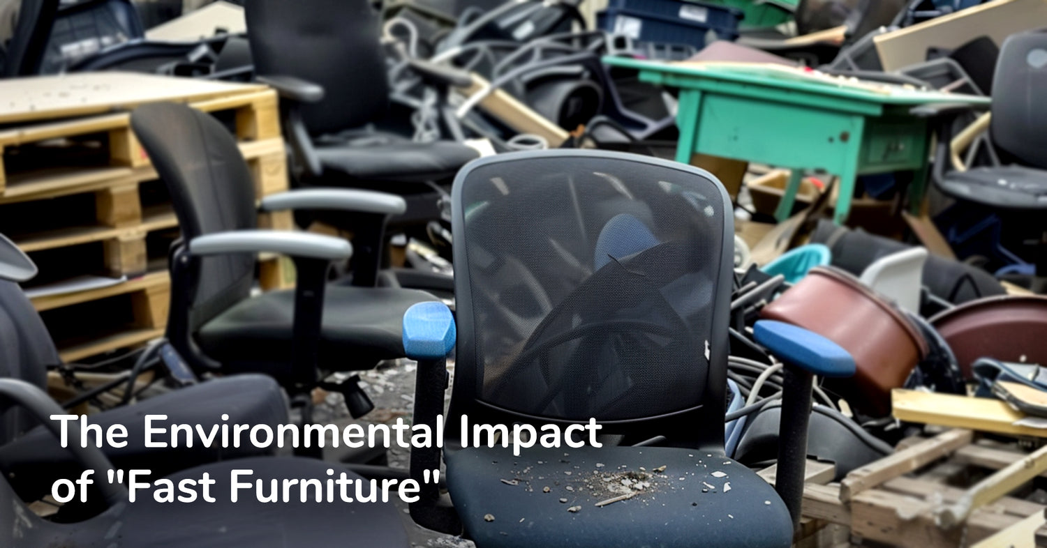 Pile of discarded office chairs and furniture, illustrating the environmental impact of fast furniture.