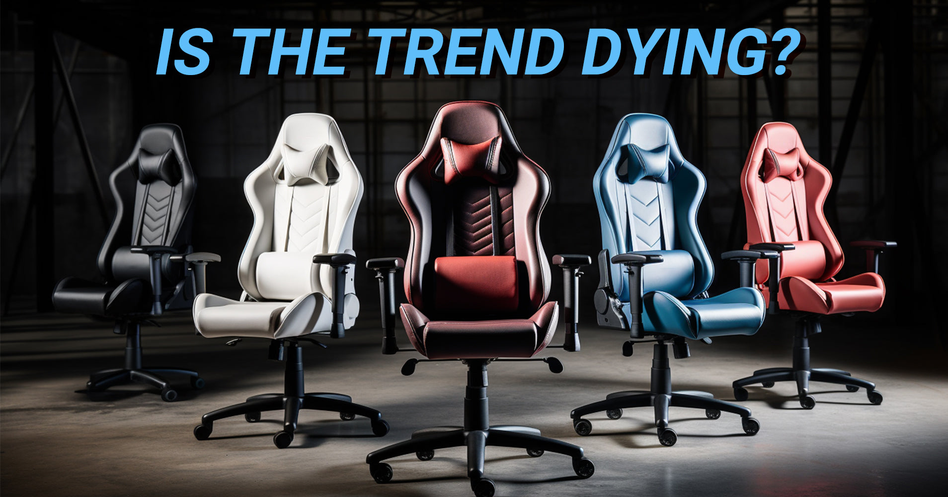 A selection of Flujo gaming chairs in various colors displayed against an industrial backdrop.