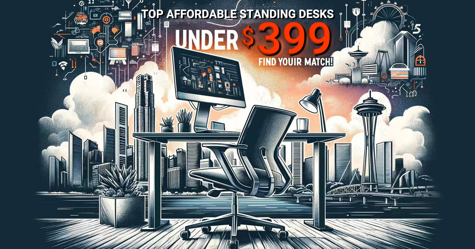 Artistic depiction of a modern standing desk setup with urban skyline and tech elements.