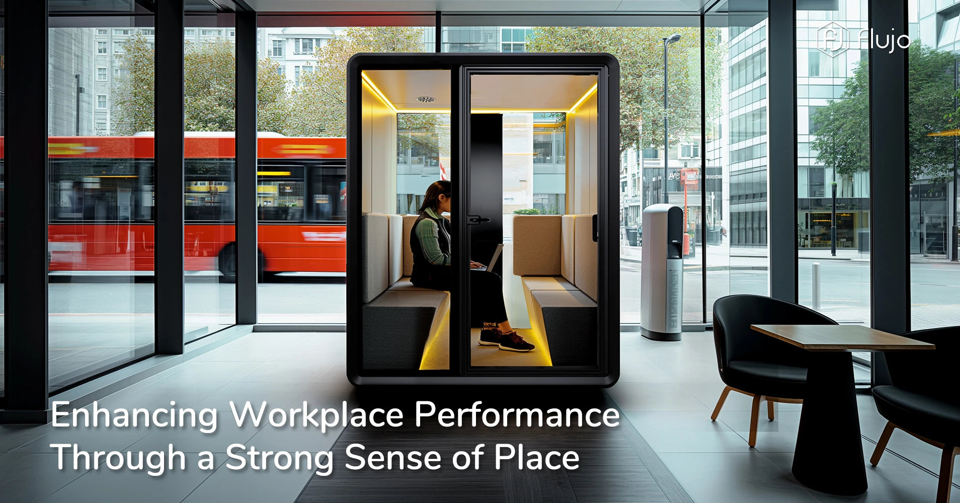 Woman working in an acoustic pod inside a modern office space, enhancing workplace performance through a strong sense of place.