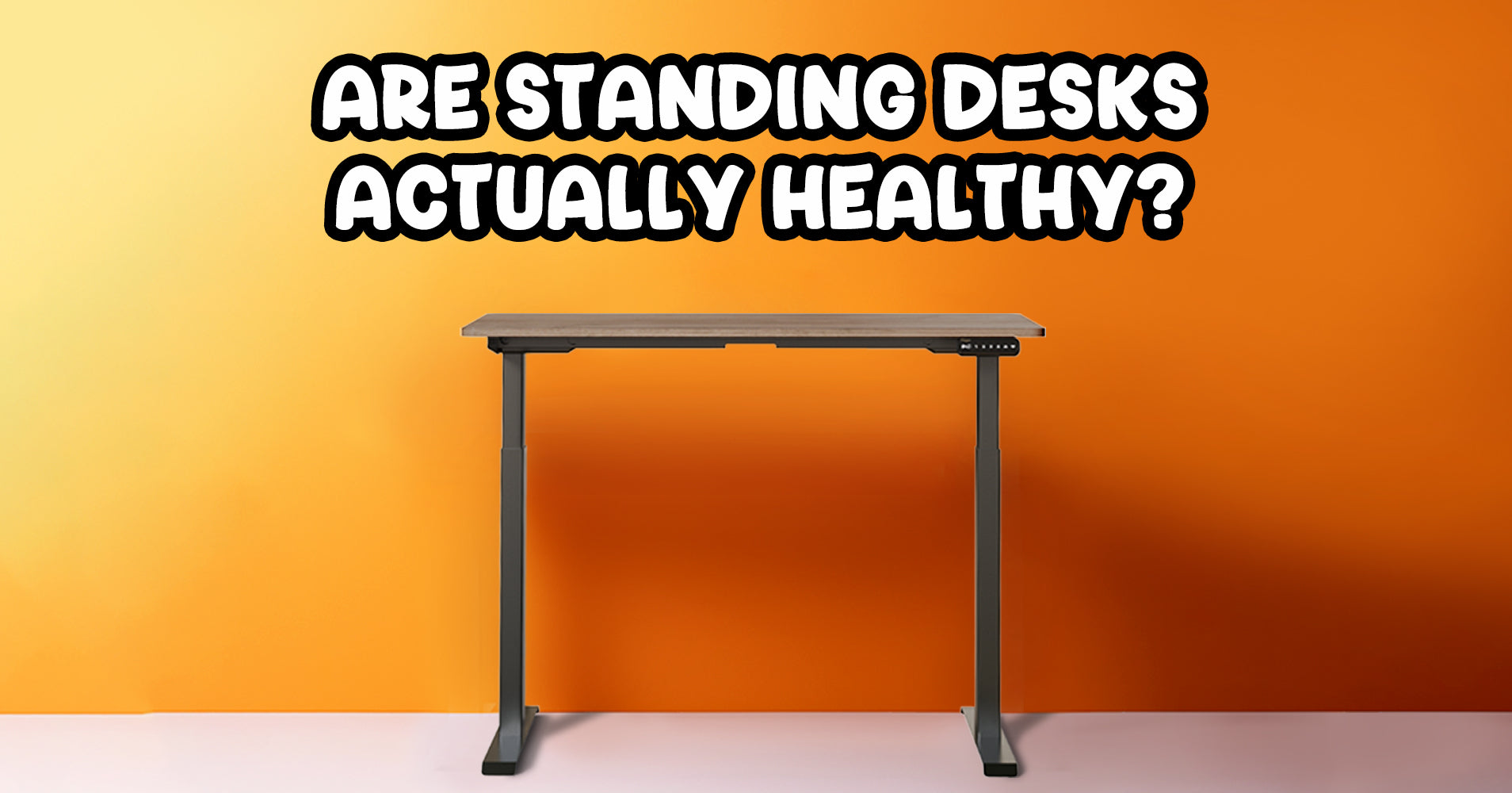 Questioning standing desks' health benefits with an adjustable desk on an orange background.
