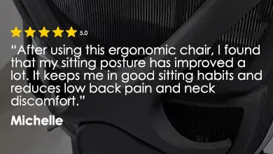 Positive 5-star review by Michelle for the Flujo Ergonomic Chair, stating improved sitting posture, good sitting habits, and relief from back and neck pain.
