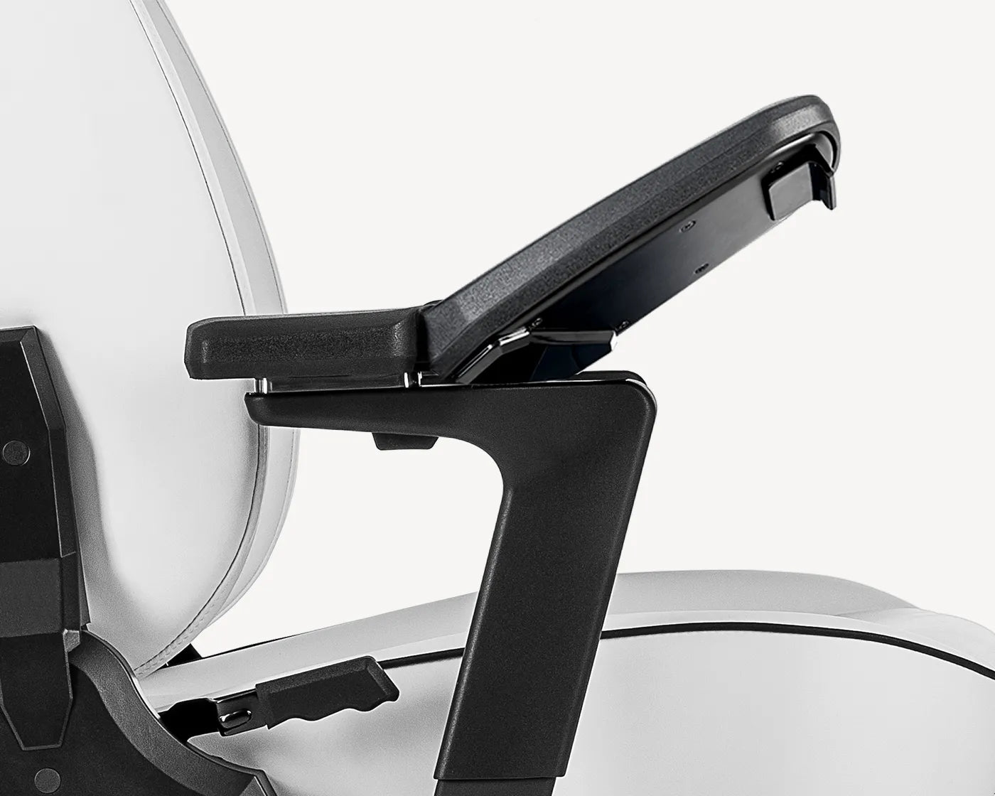 White ergonomic chair's 6D armrest with multiple adjustment features highlighted.