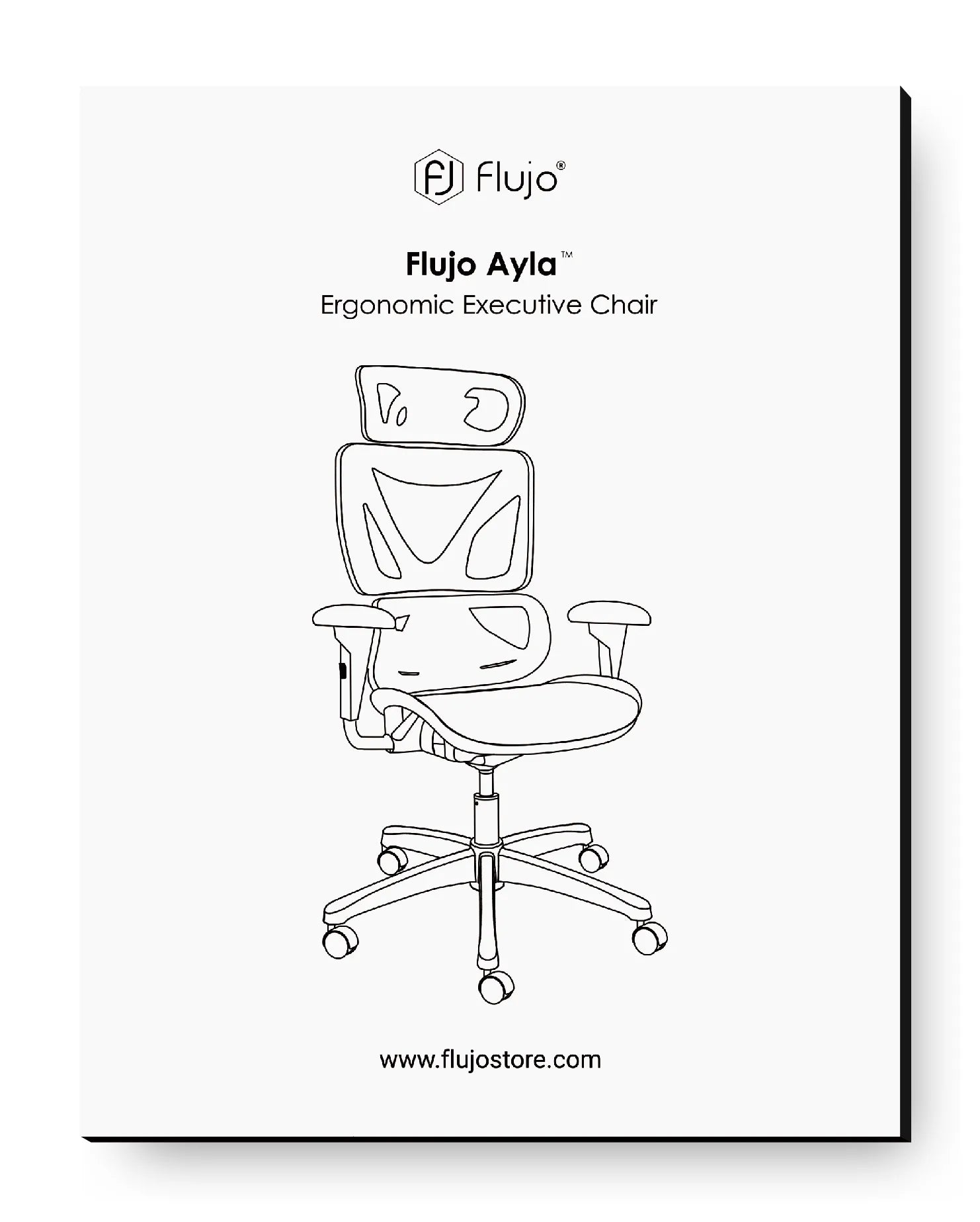 Line drawing of the Flujo Ayla™ Ergonomic Executive Chair showing a comfortable design with adjustable armrests and a high backrest, on the Flujo official website.