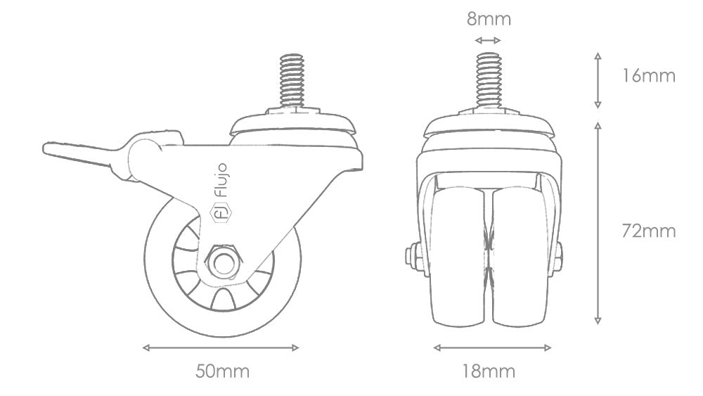 Technical drawing of a Flujo branded caster wheel with dimensions labeled, showing a side view with a 50mm wheel diameter, and a front and top view indicating an 8mm stem width and a total height of 72mm.