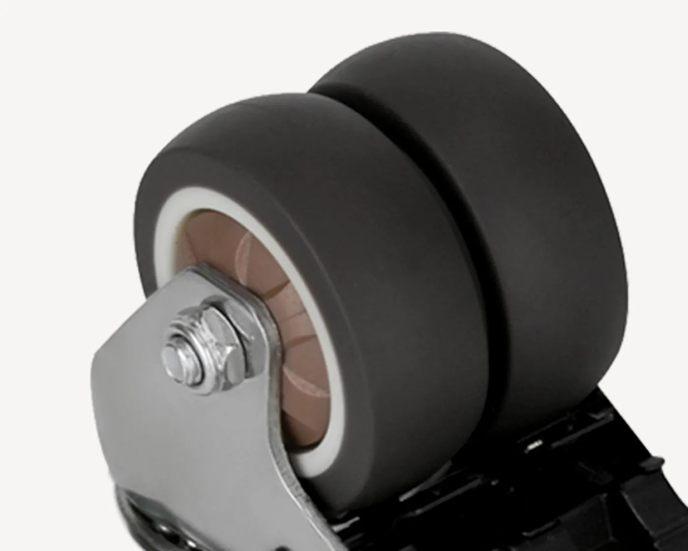 Side view of a durable caster wheel with a black rubber tire and metal hardware, designed for smooth mobility.