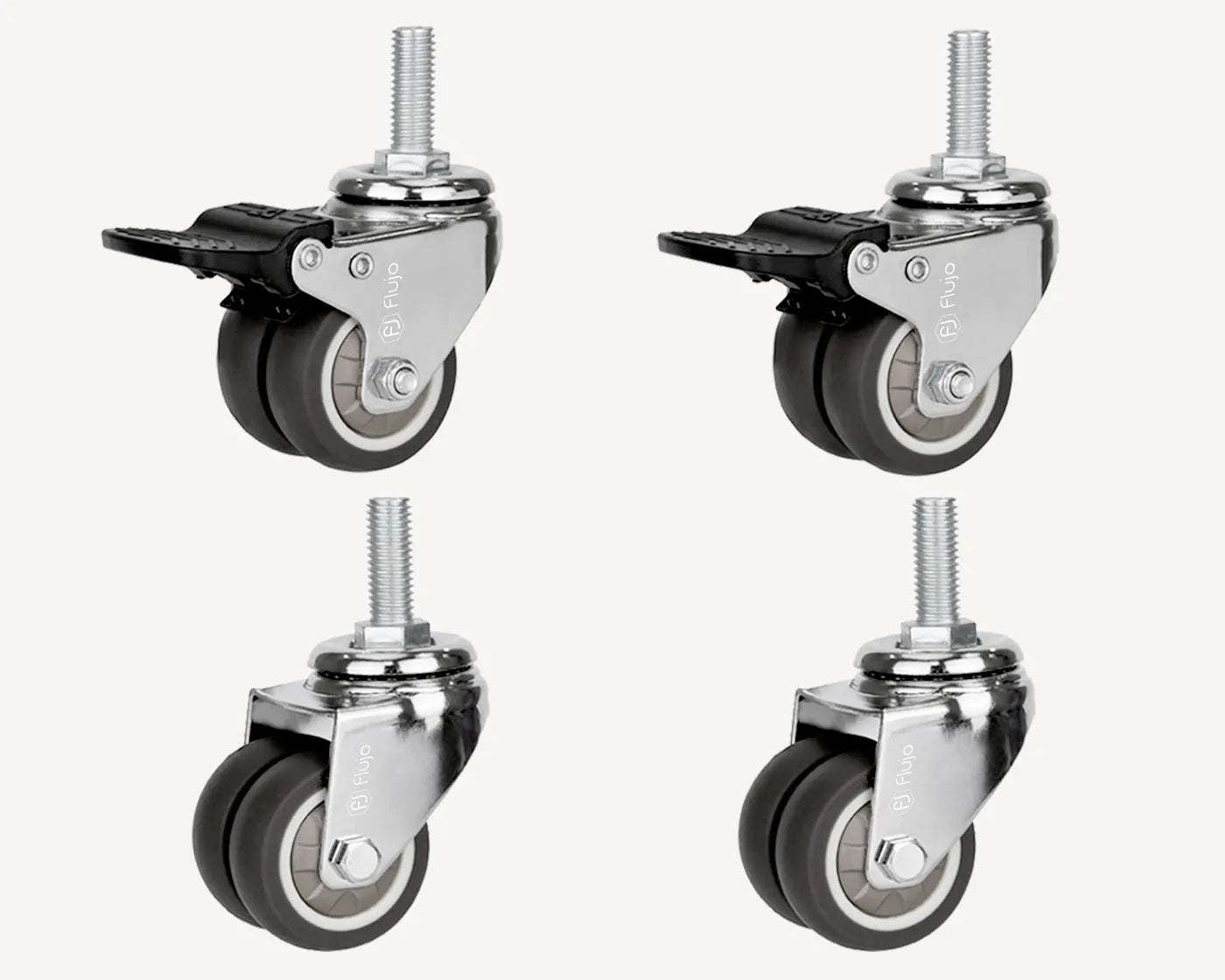 A set of four heavy-duty caster wheels with locking mechanisms, ready to be attached for enhanced maneuverability.