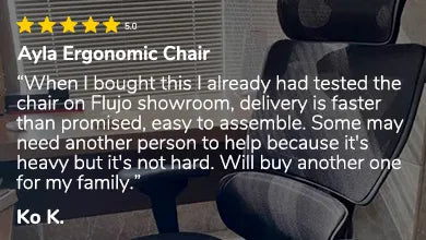 Satisfied customer Ko K. gives a 5-star review for the Flujo Ergonomic Mesh Chair, mentioning a positive showroom experience, fast delivery, and the ease of assembly.