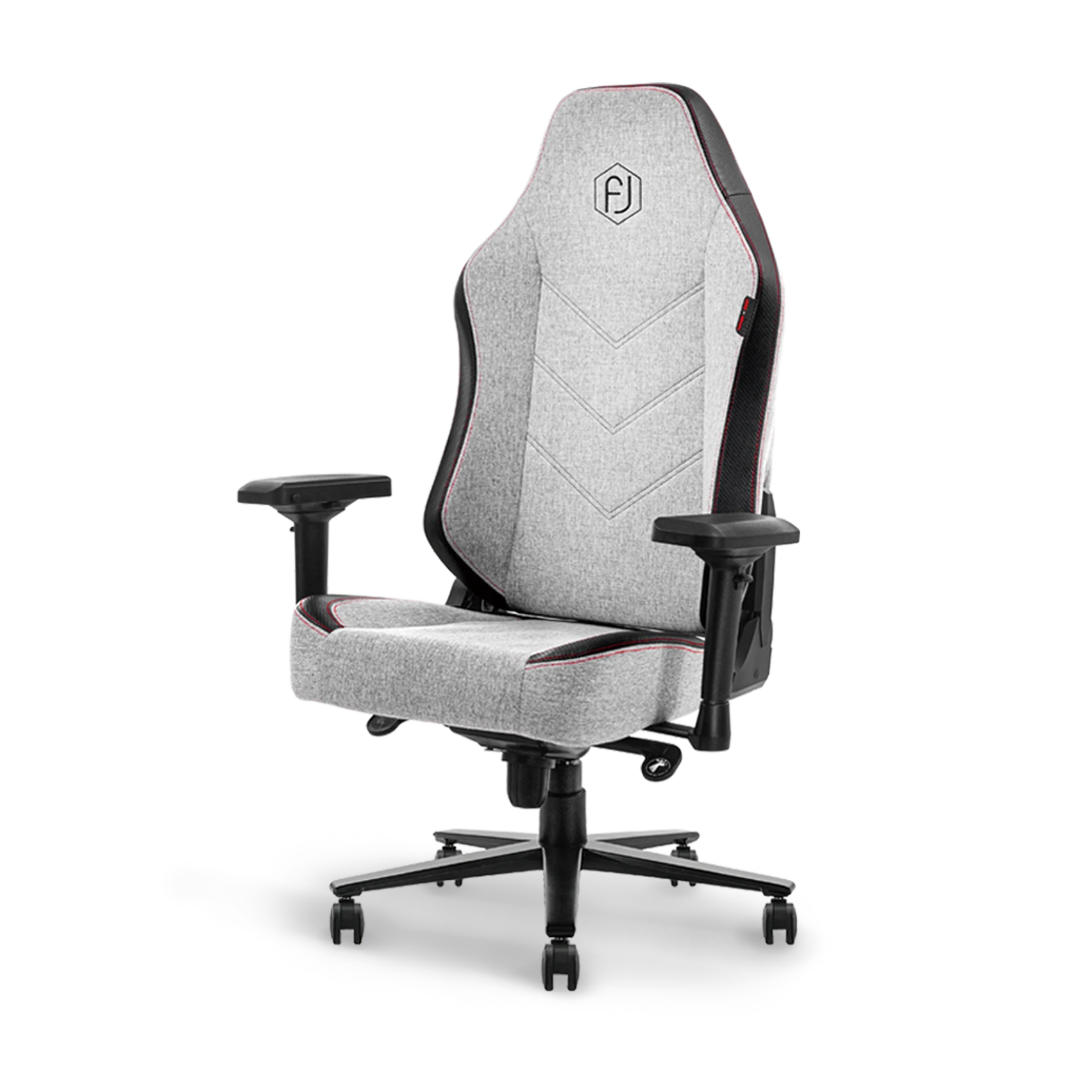 Greige Grey ergonomic gaming chair with embroidered logo and adjustable armrests, front view.