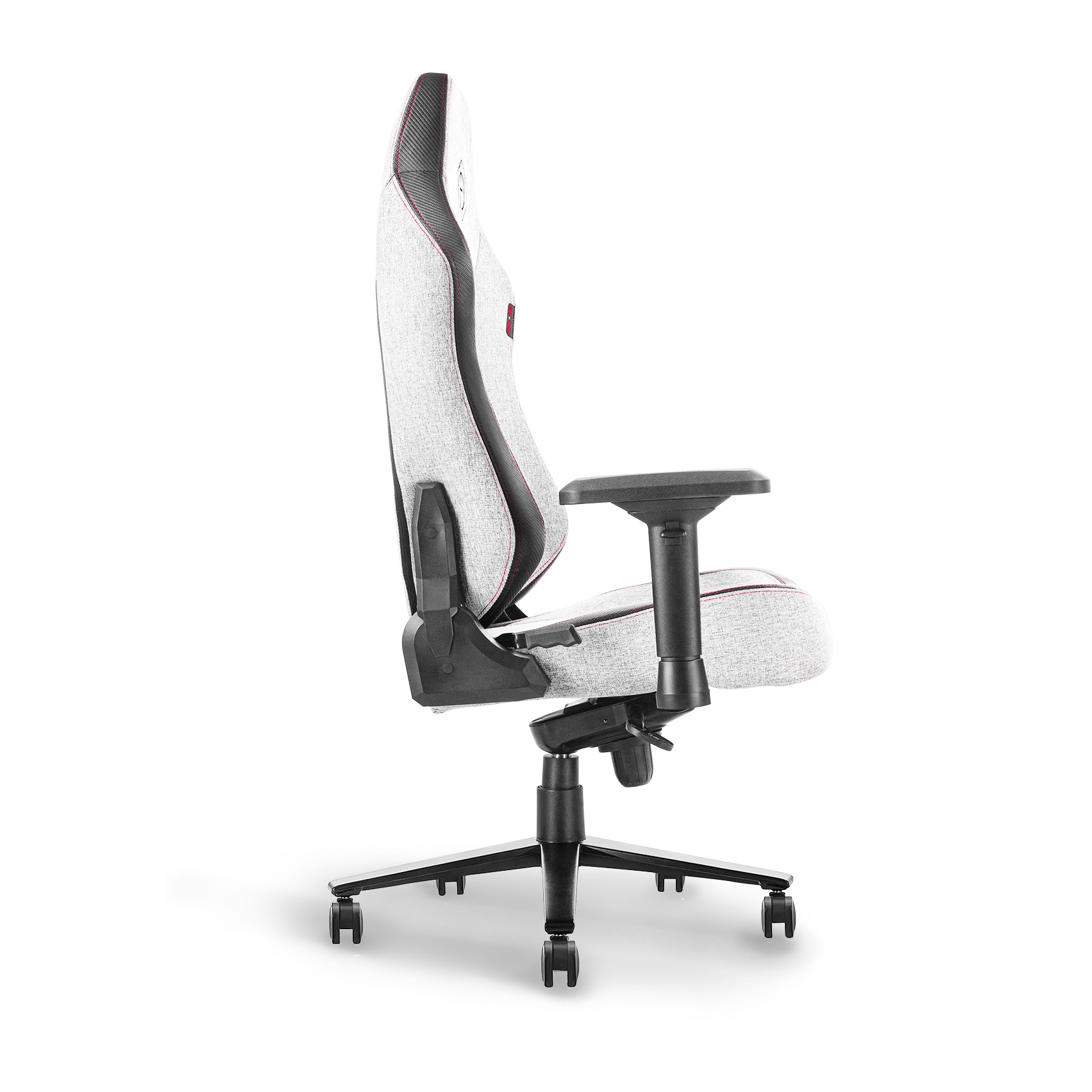 Side profile of Greige Grey ergonomic gaming chair with stylish design and supportive structure.