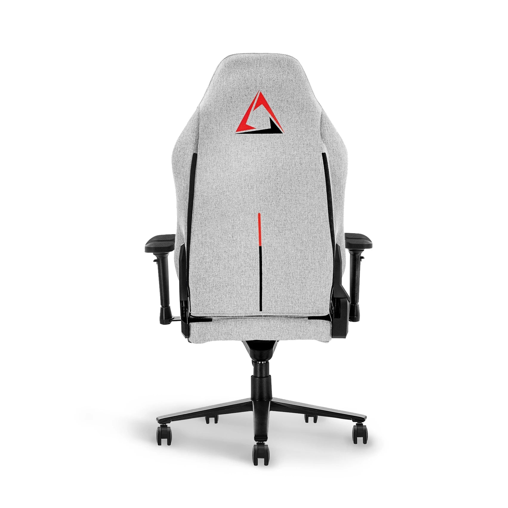 Back view of Greige Grey gaming chair with distinctive red accent and brand emblem.