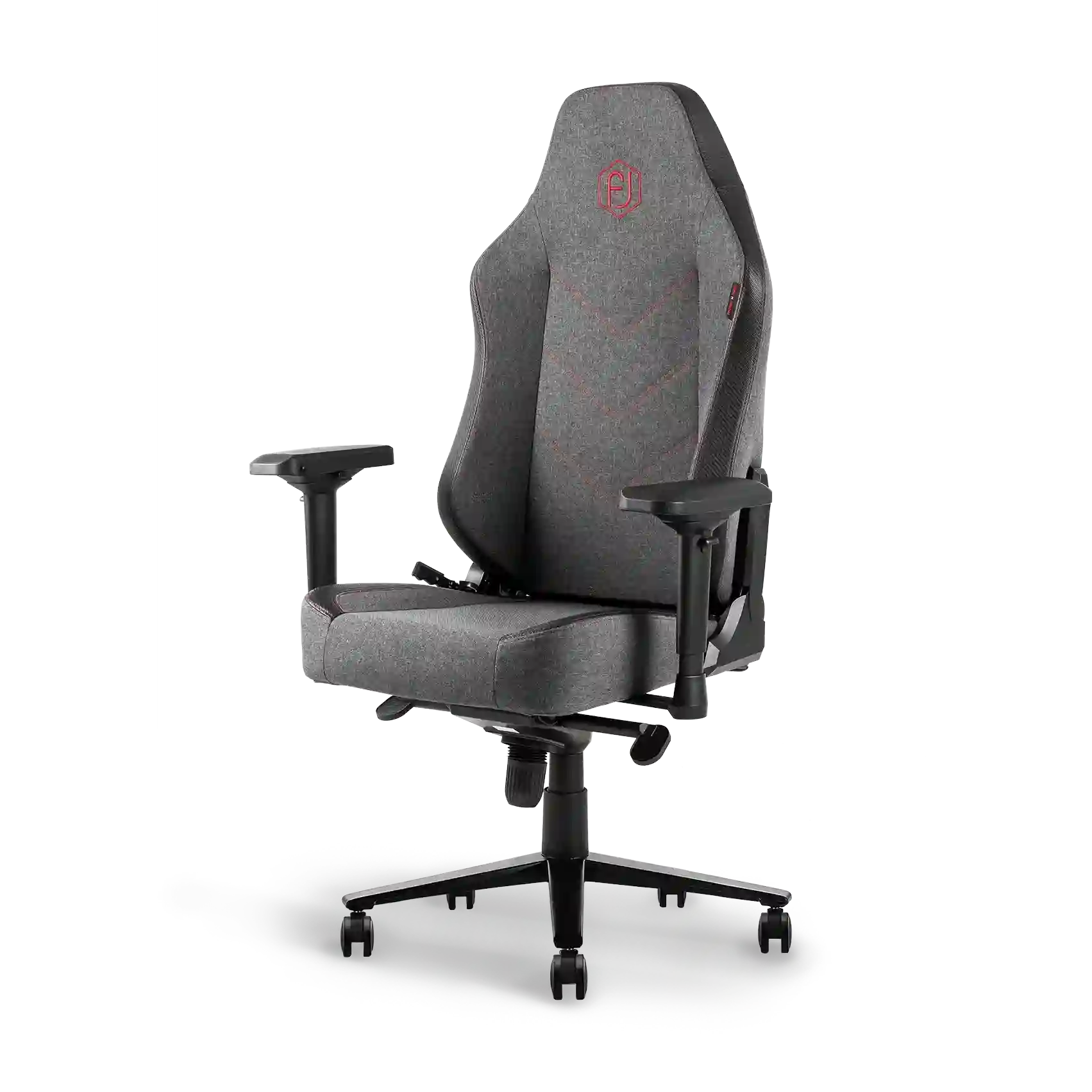 Heather grey ergonomic gaming chair with embroidered logo and adjustable armrests, front view.