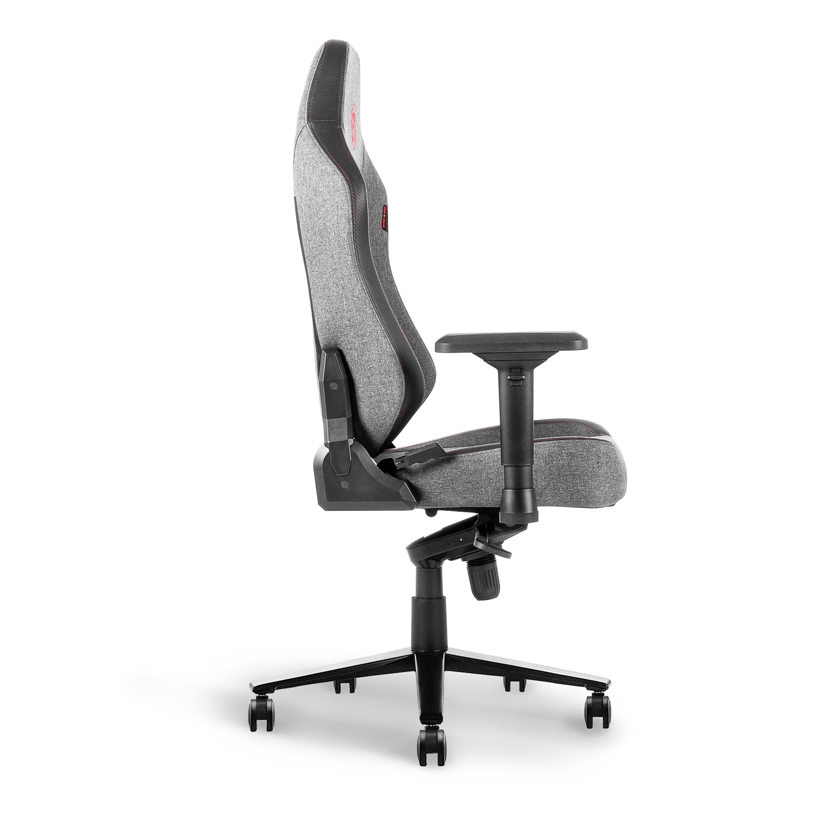 Side profile of Heather grey ergonomic gaming chair with stylish design and supportive structure.