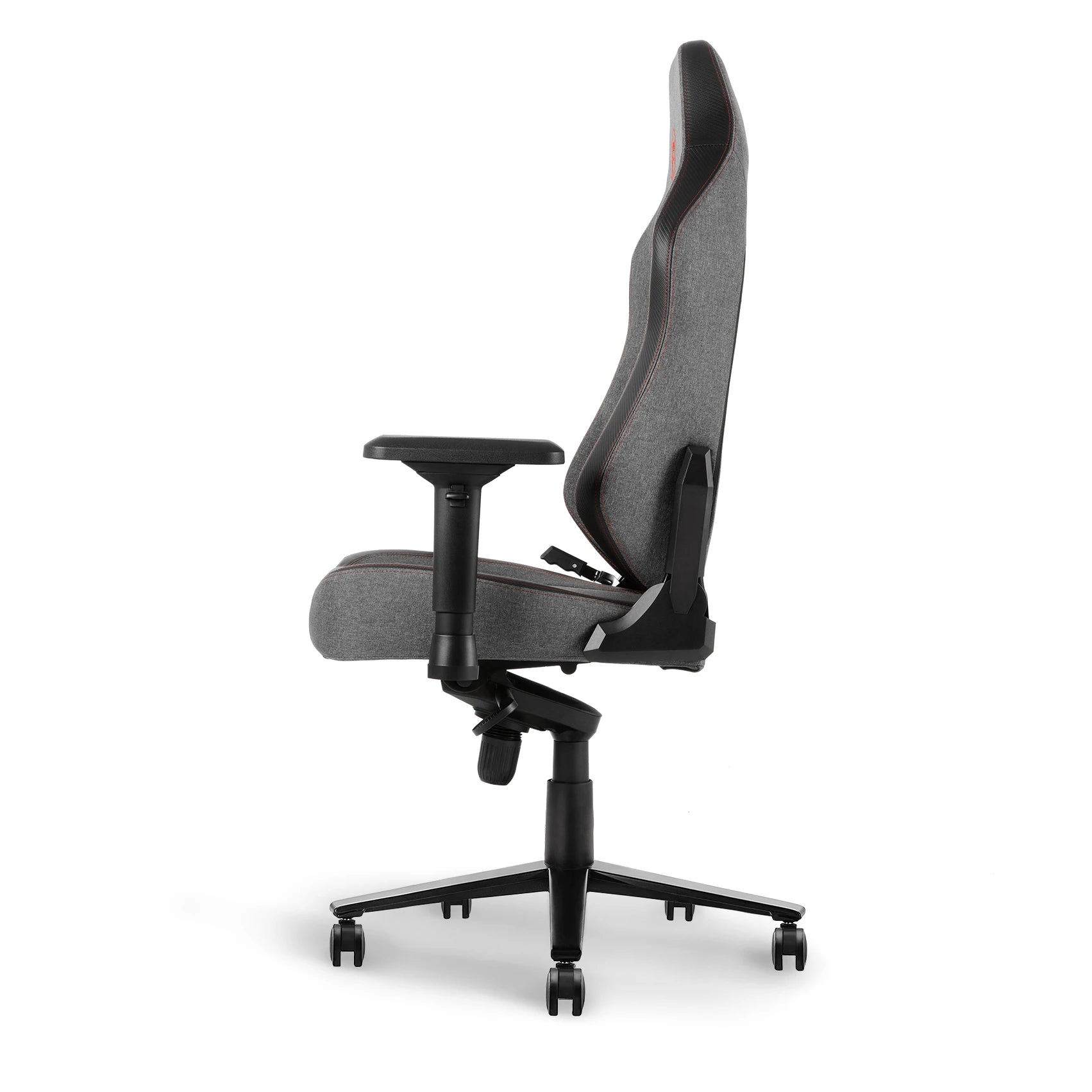 Heather grey gaming chair side angle showcasing sleek lines and modern design.