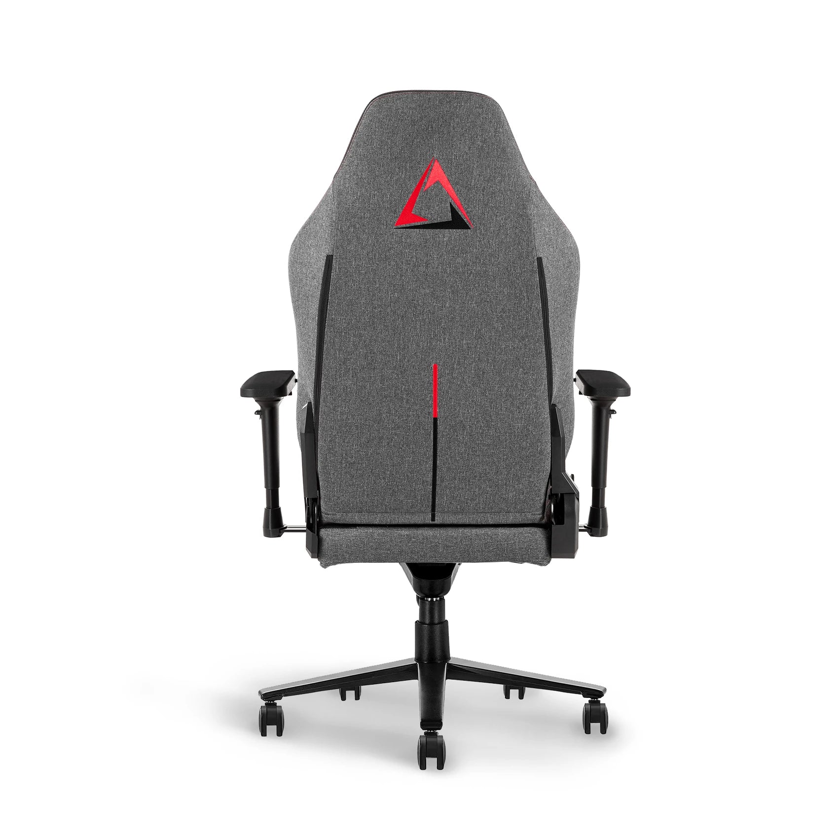 Back view of Heather grey gaming chair with distinctive red accent and brand emblem.