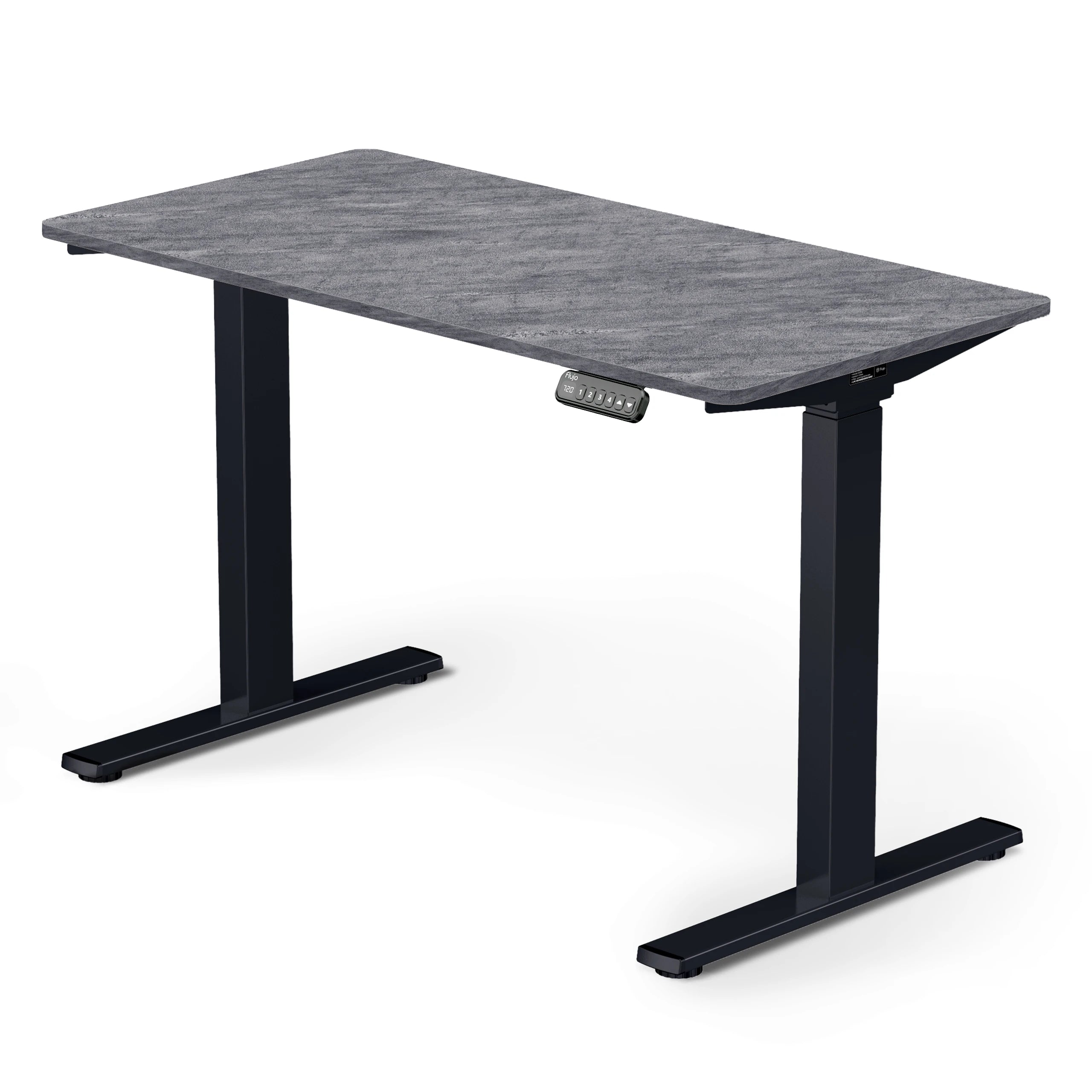 Adjustable height standing desk with a Rock Grey colour table  top and black legs frame, featuring a digital keypad control panel