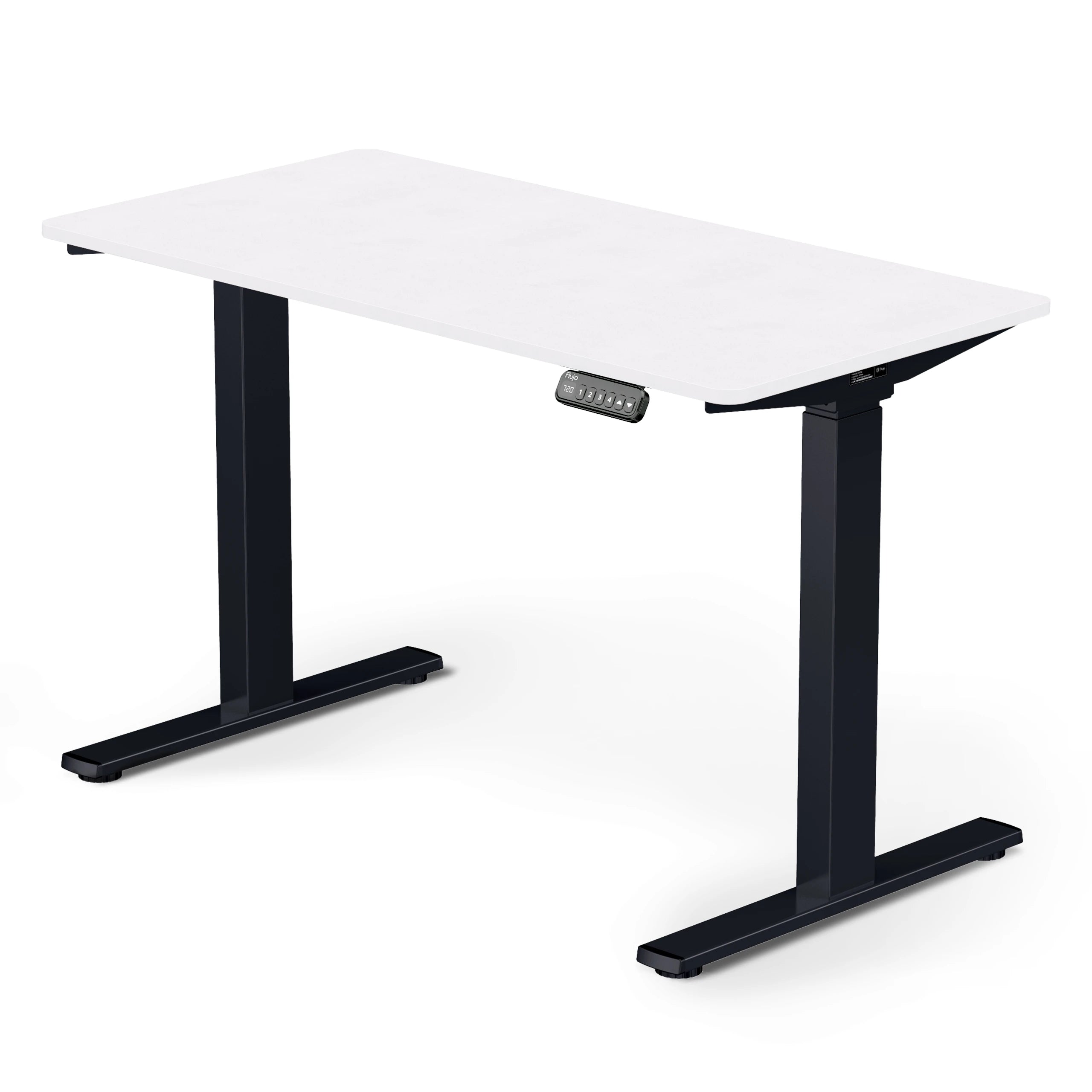 Adjustable height standing desk with a Warm White colour table  top and black legs frame, featuring a digital keypad control panel