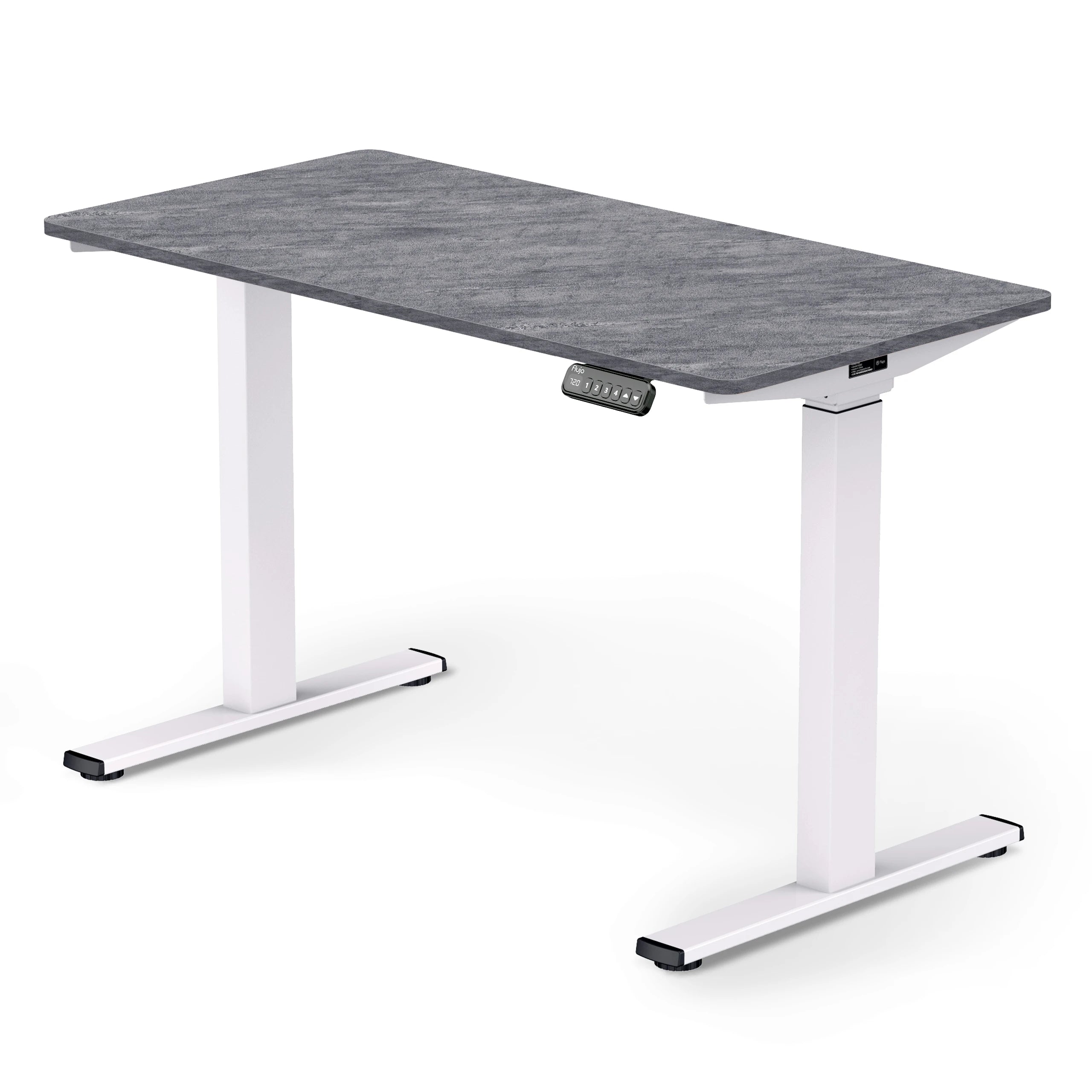 Adjustable height standing desk with a Rock Grey colour table  top and white legs frame, featuring a digital keypad control panel