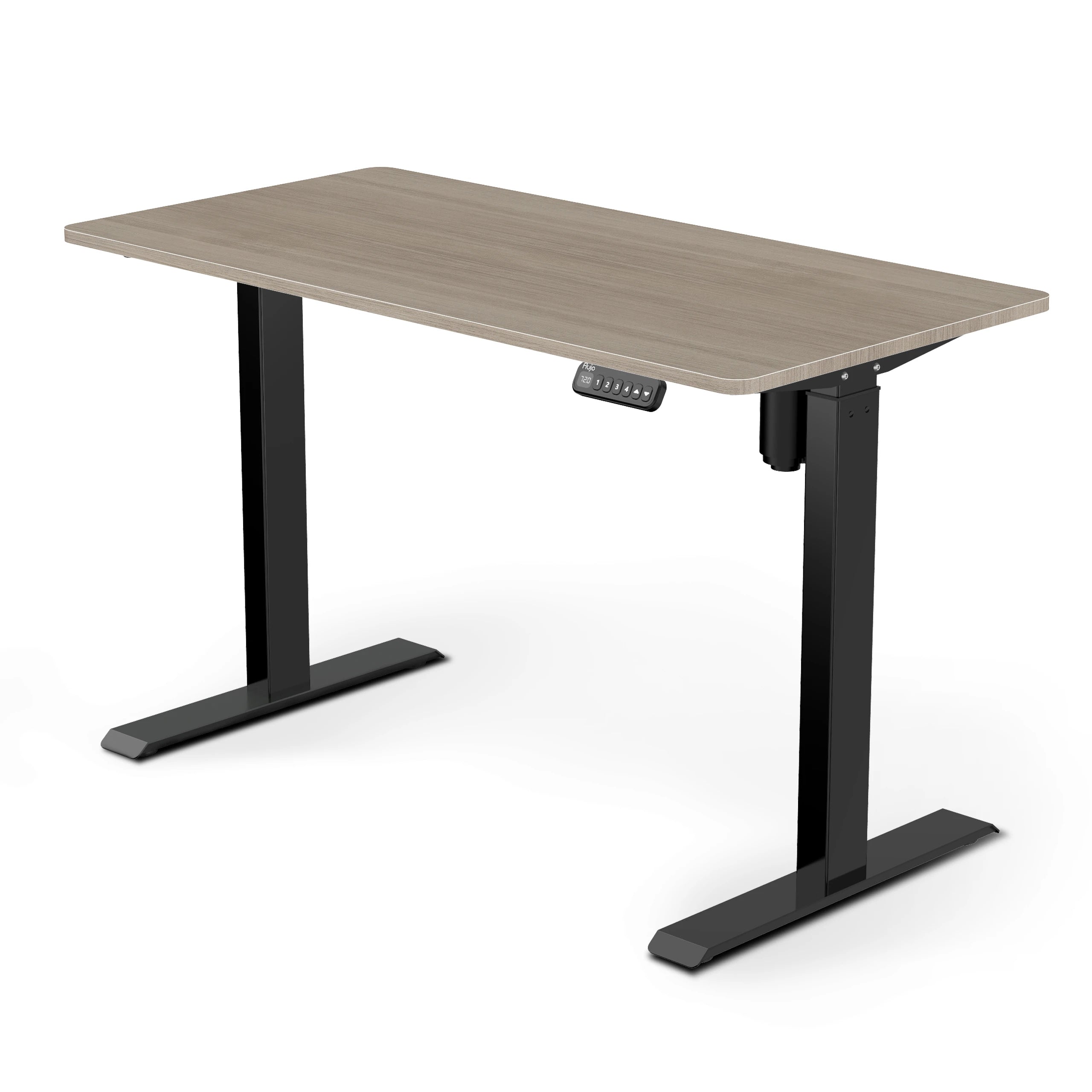 SmarTrax Ergonomic Standing Desk featuring a Beirut wood finish and black frame, complete with programmable height settings for a comfortable standing work experience.