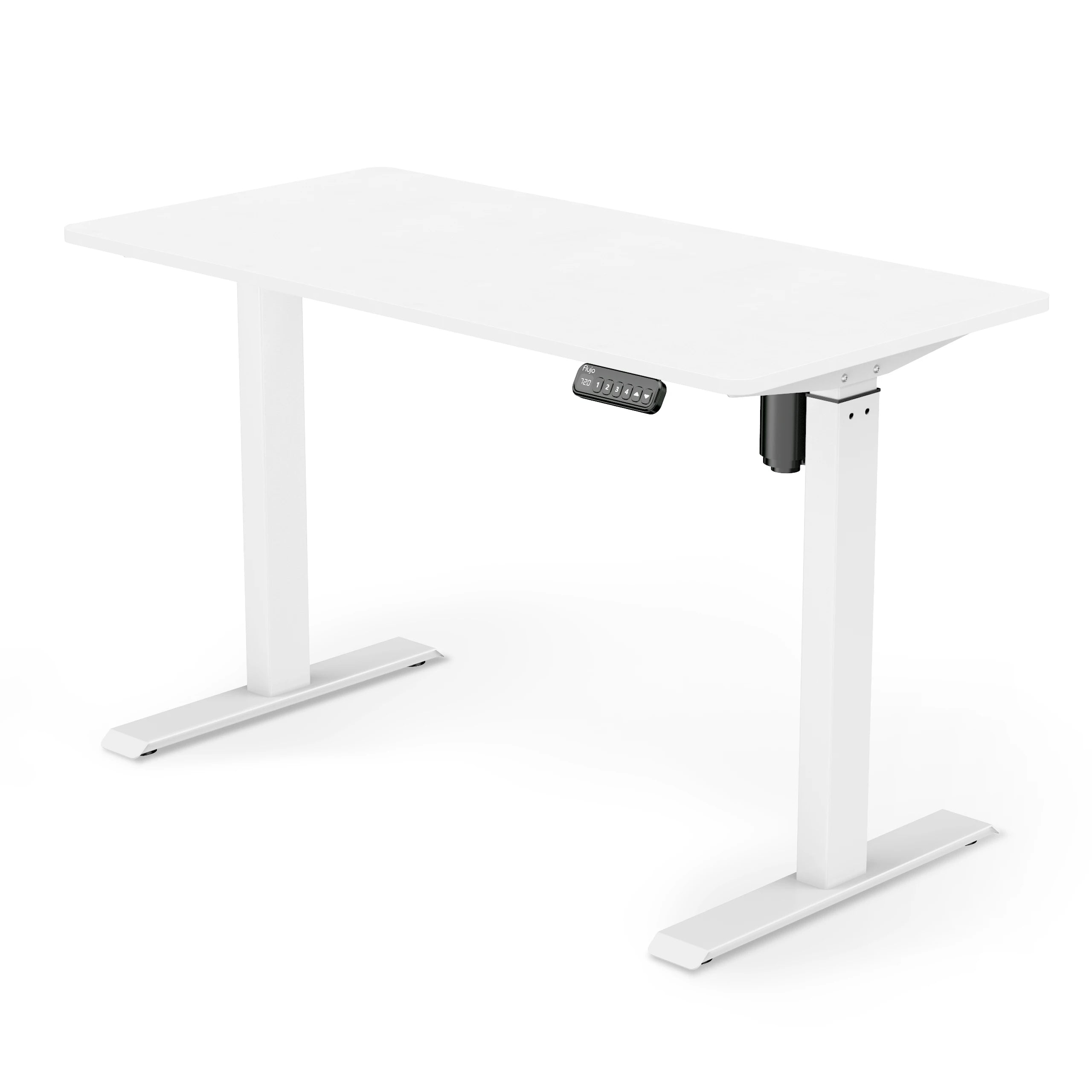 SmarTrax Ergonomic Standing Desk featuring a Warm White wood finish and white frame, complete with programmable height settings for a comfortable standing work experience.