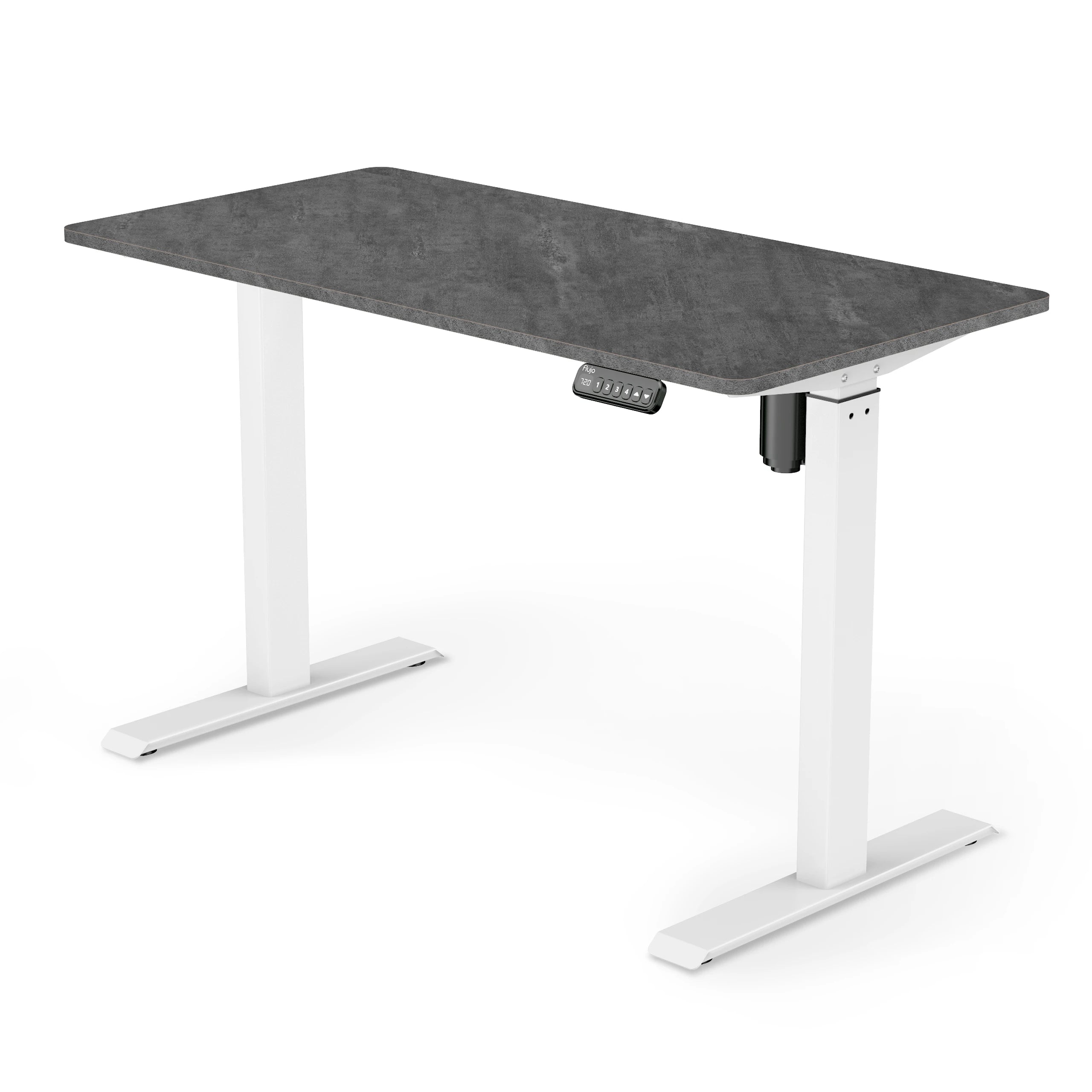 SmarTrax Ergonomic Standing Desk featuring a Rock Grey wood finish and white frame, complete with programmable height settings for a comfortable standing work experience.
