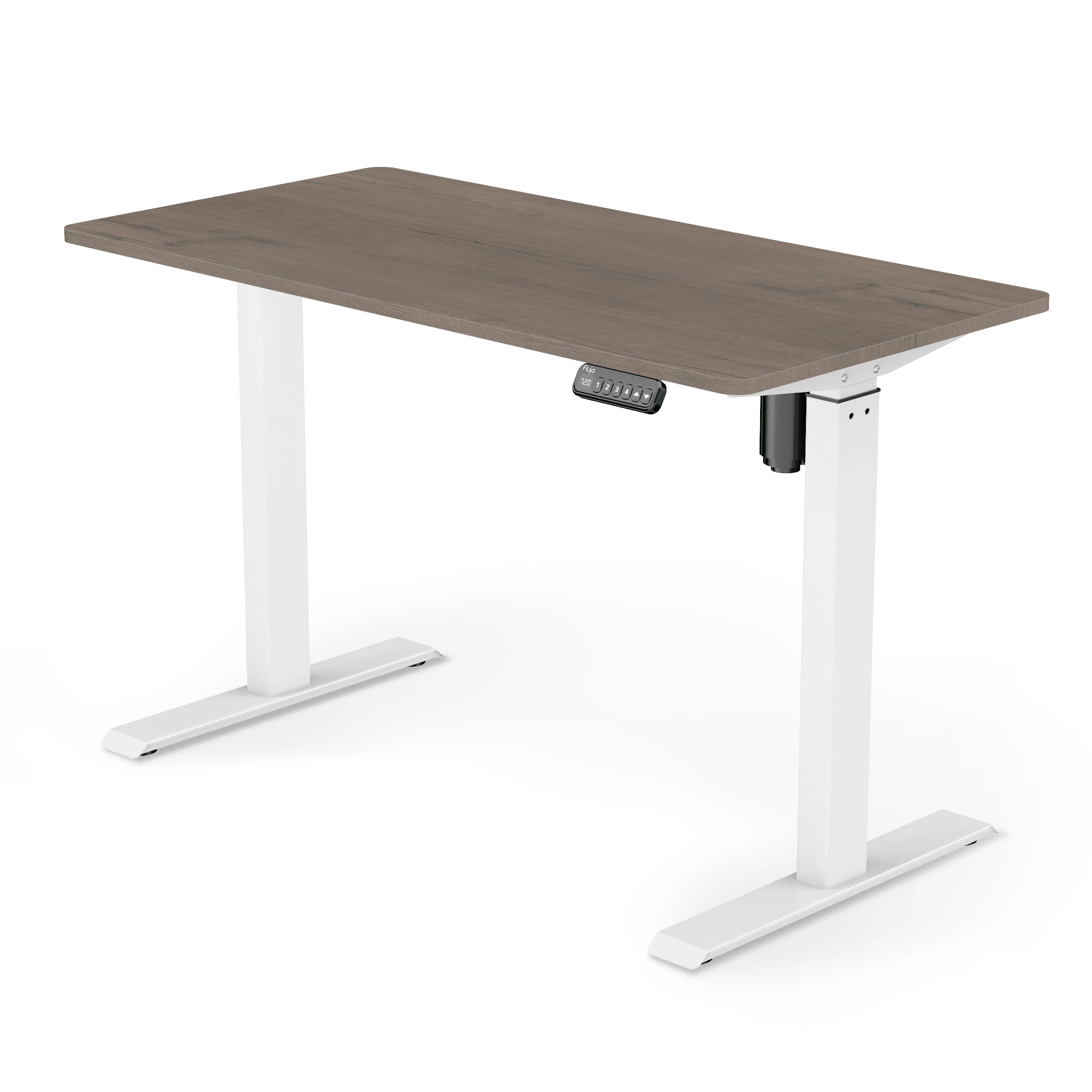 SmarTrax Ergonomic Standing Desk featuring a arizona wood finish and white frame, complete with programmable height settings for a comfortable standing work experience.
