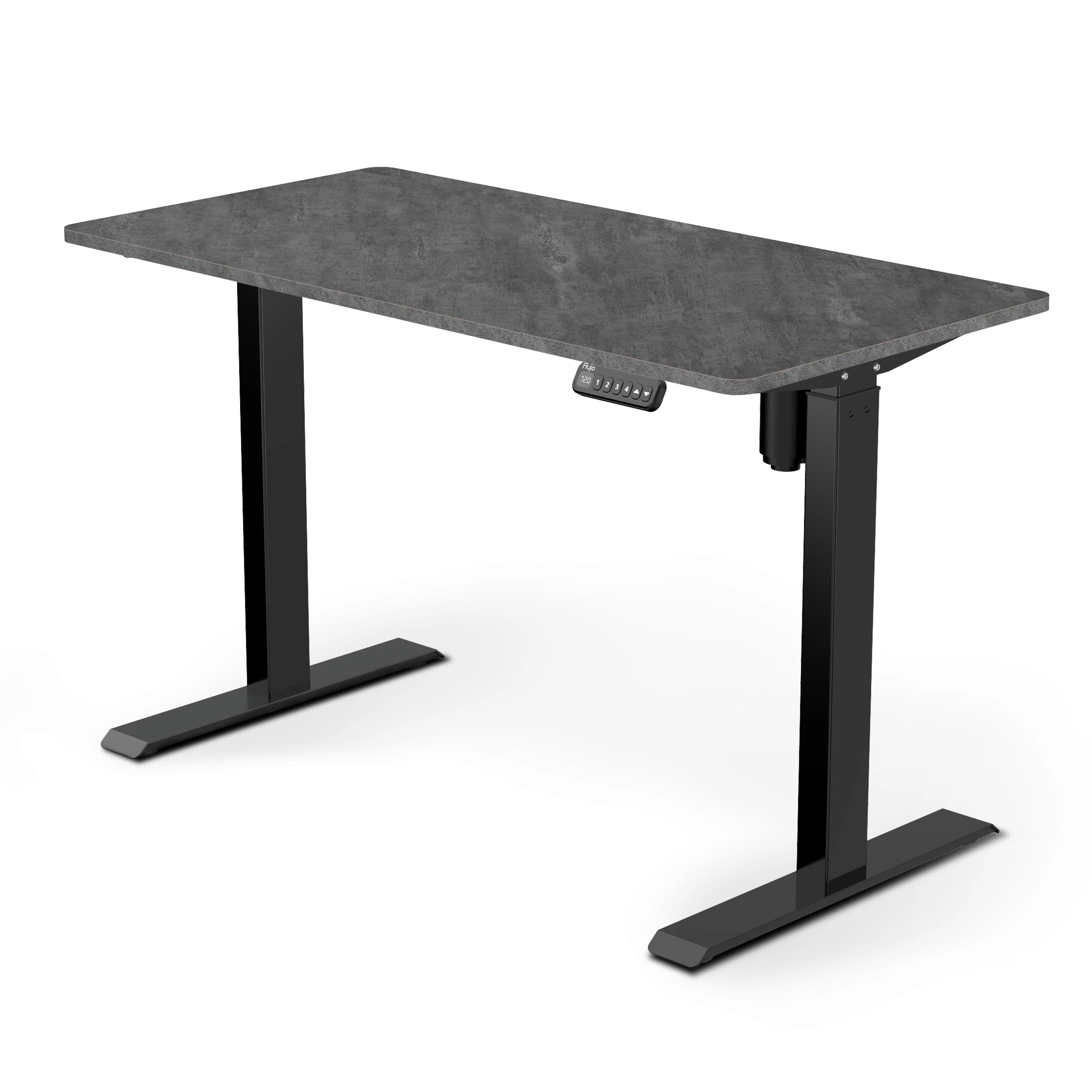 SmarTrax Ergonomic Standing Desk featuring a Rock Grey wood finish and black frame, complete with programmable height settings for a comfortable standing work experience.