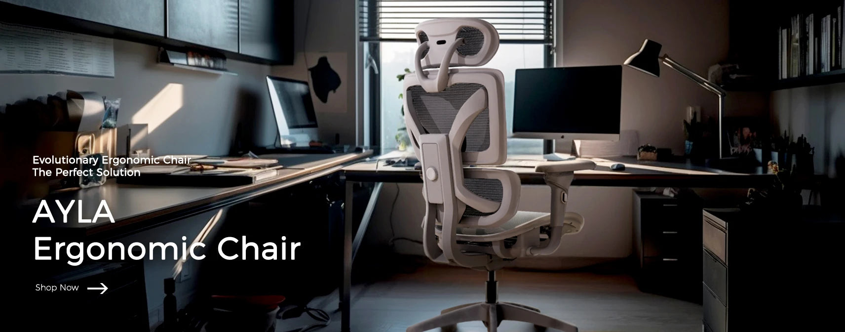 Ayla Ergonomic Chair with advanced lumbar support and adjustable armrests for optimal seating comfort, positioned in a modern home office setting.