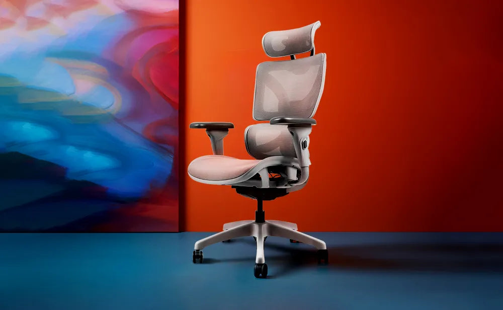 Flujo ergonomic chair set against a vibrant backdrop, blending style with comfort for your office