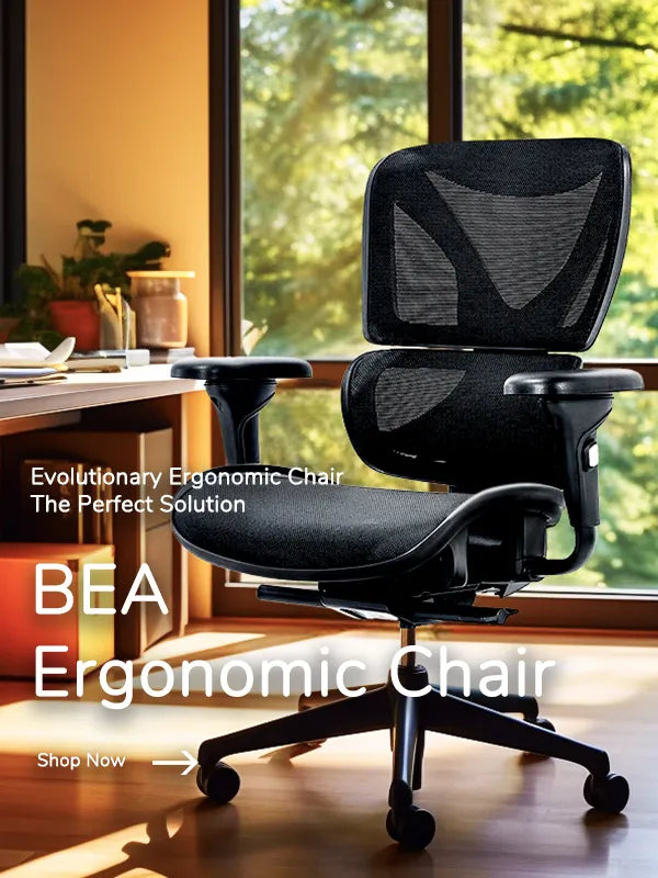 Bea Ergonomic Office Chair with breathable mesh back and plush seating, featured in a bright home office with a scenic view, perfect for modern professionals