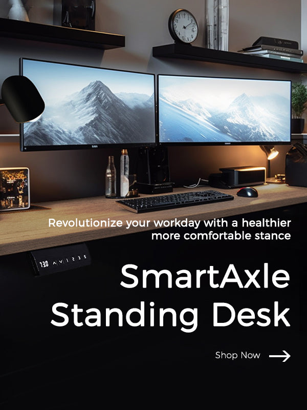 Elegant home office setup showcasing dual monitors with scenic mountain wallpapers, positioned on the "SmartAxle Standing Desk". The desk is adorned with modern tech accessories, ambient lighting, and a decorative miniature shelf. The promotional message reads, "Revolutionize your workday with a healthier more comfortable stance." A "Shop Now" prompt hints at the product's availability.