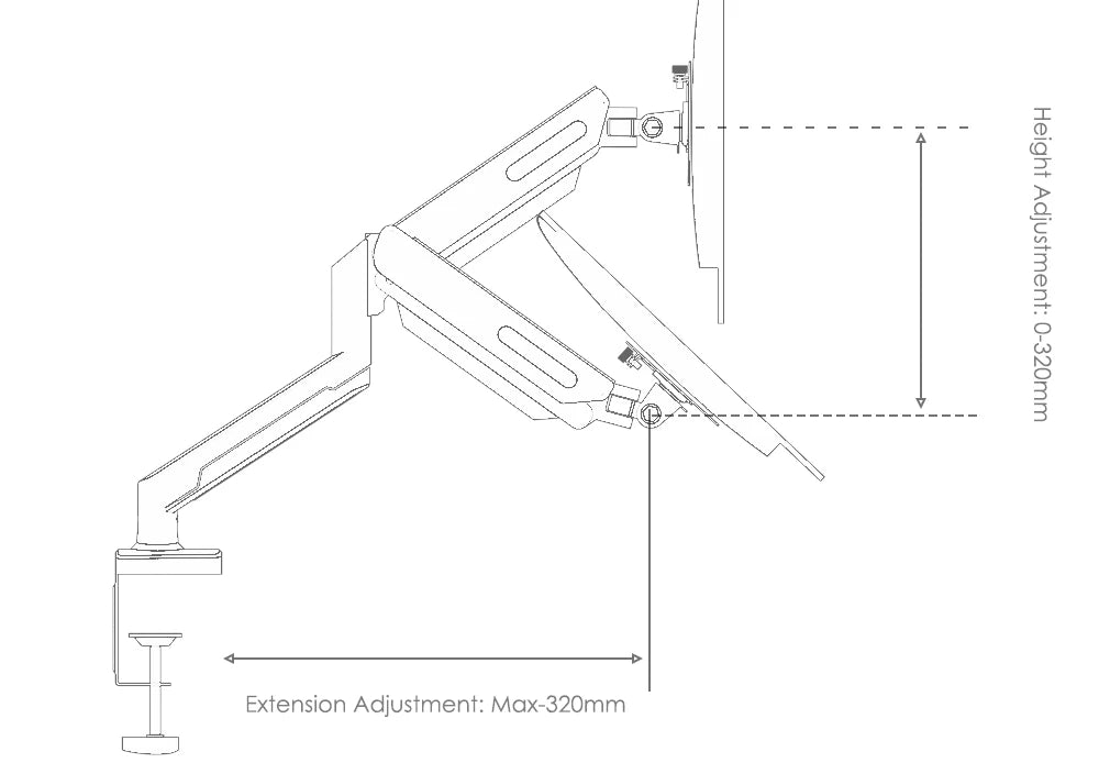 Technical schematic of monitor arm showing height and extension adjustments with detailed measurements.